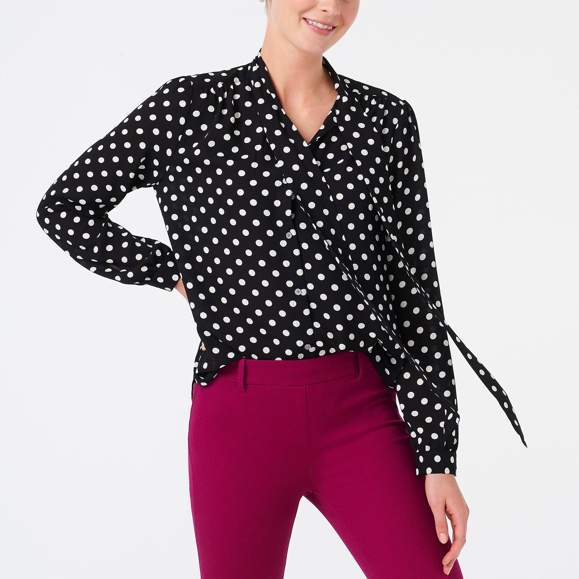 J.Crew Cotton Longsleeve Dot Drapey Tieneck Top in Black Lyst