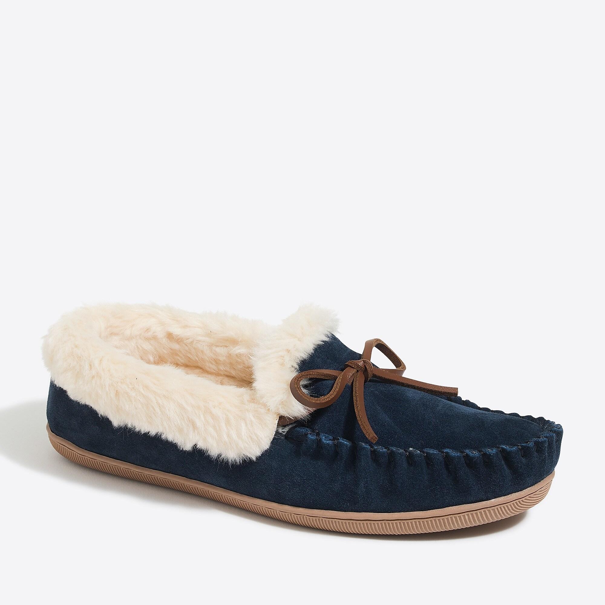 J.Crew Suede Shearling Moccasin Slippers in Navy (Blue) Lyst