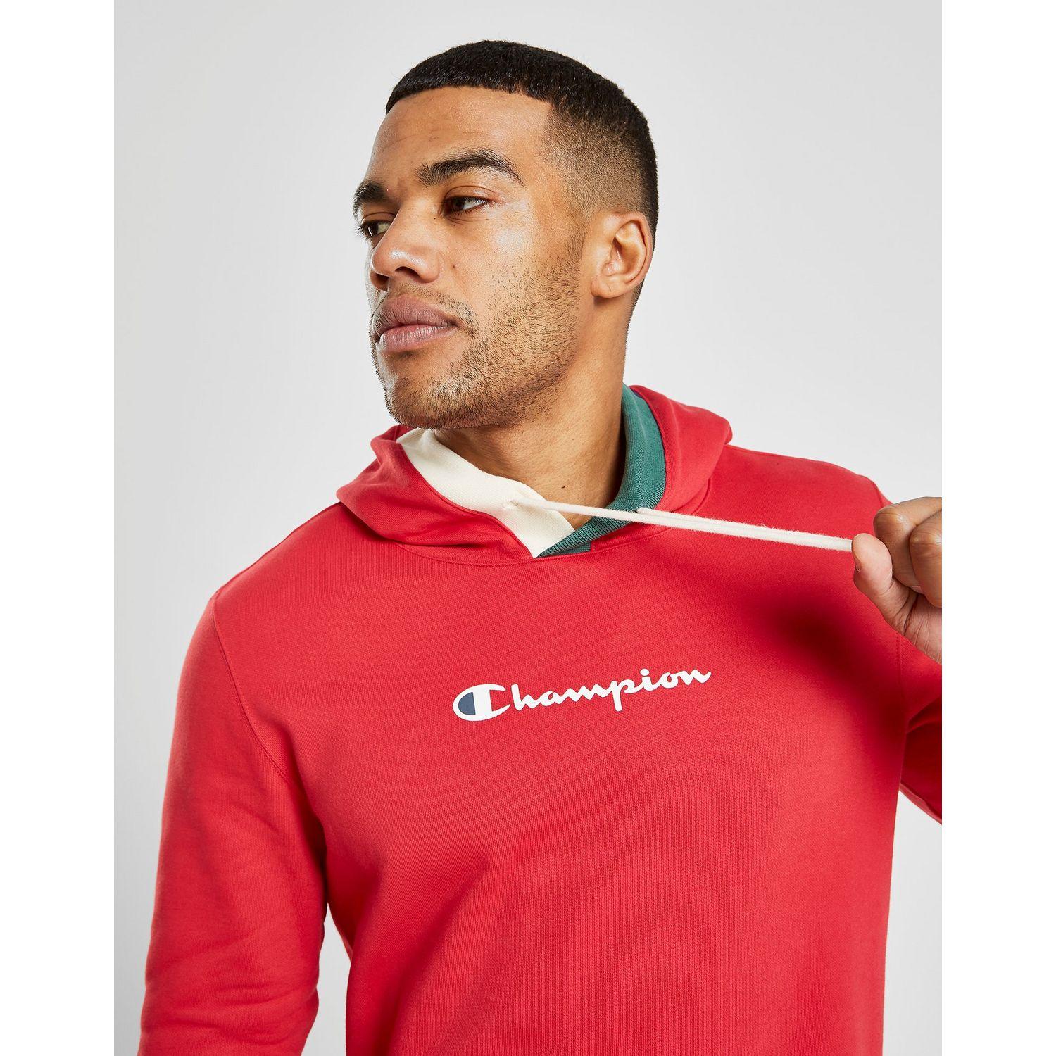 Champion Cotton Rochester Colour Block Overhead Hoodie in Red/White ...