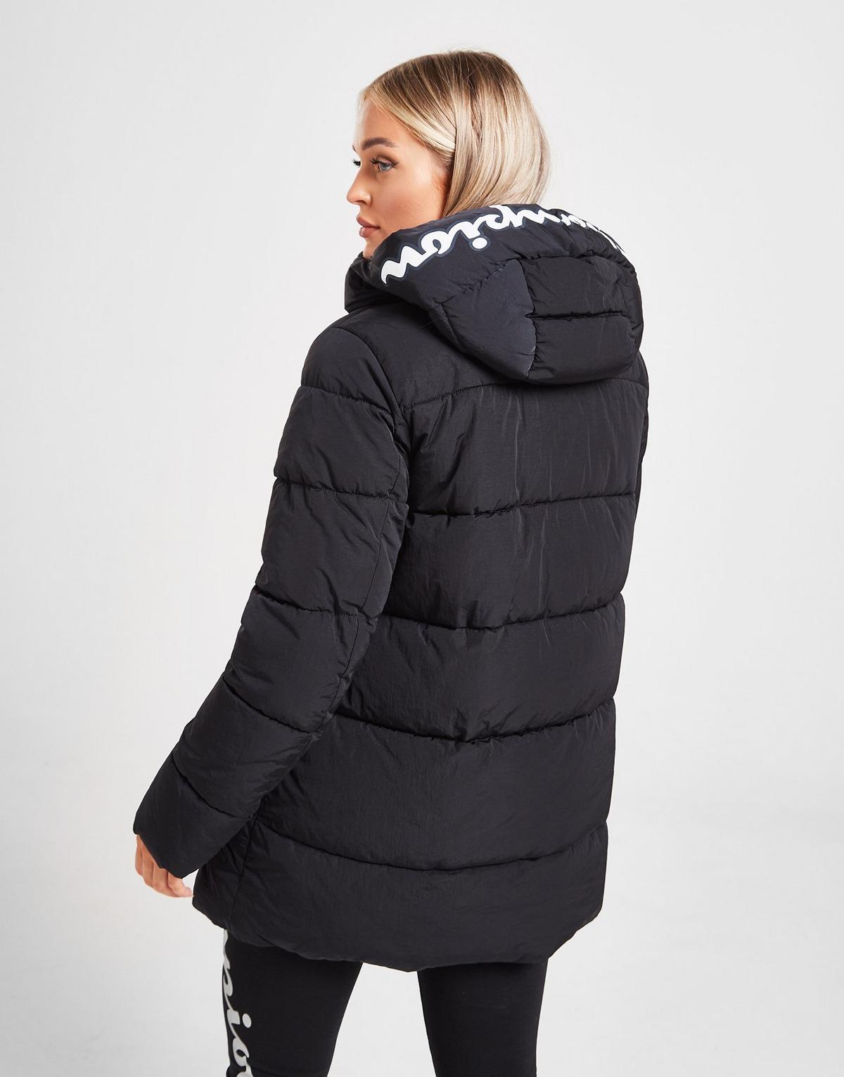 Champion script hood long padded jacket Clearance