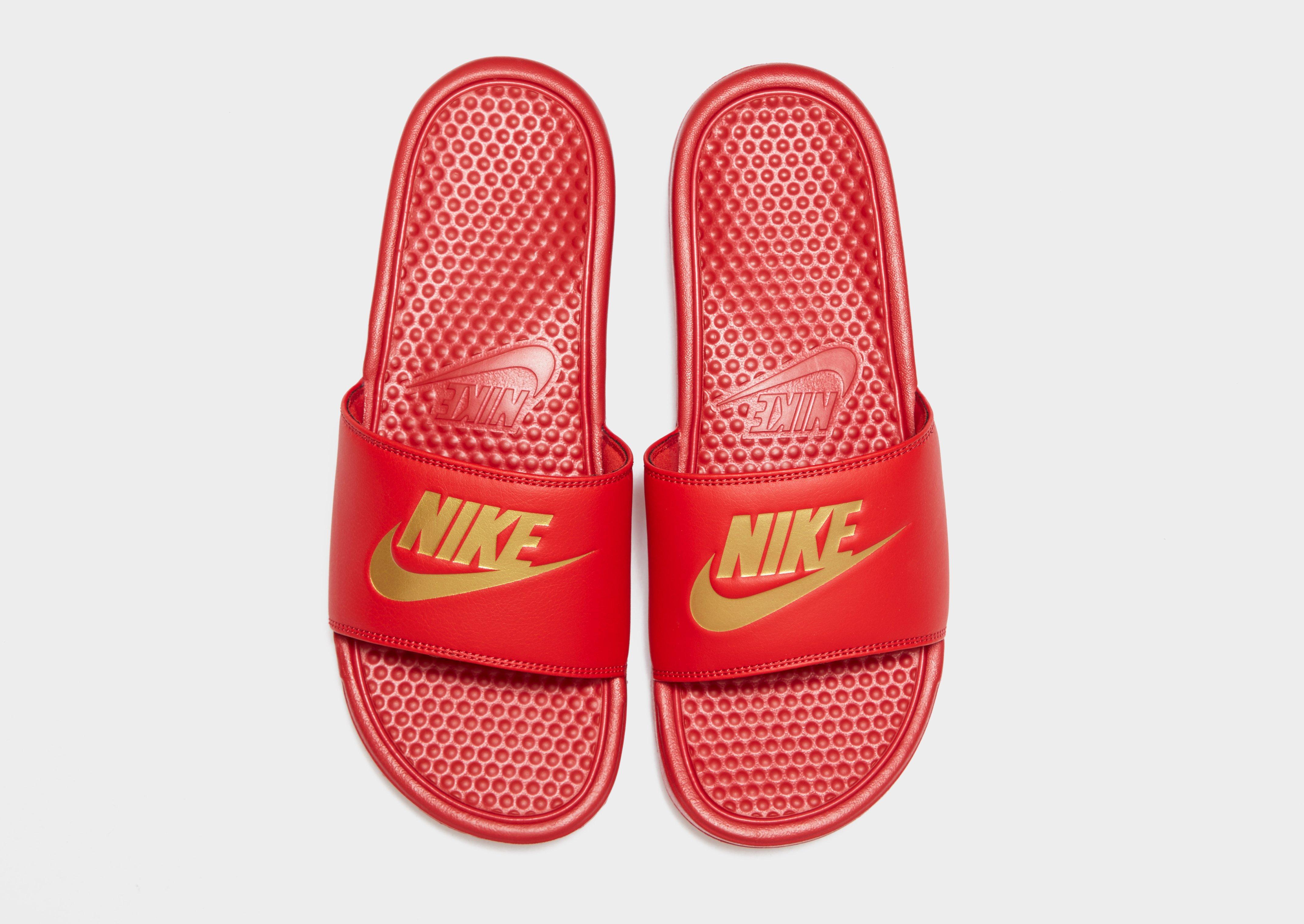 nike red gold slides