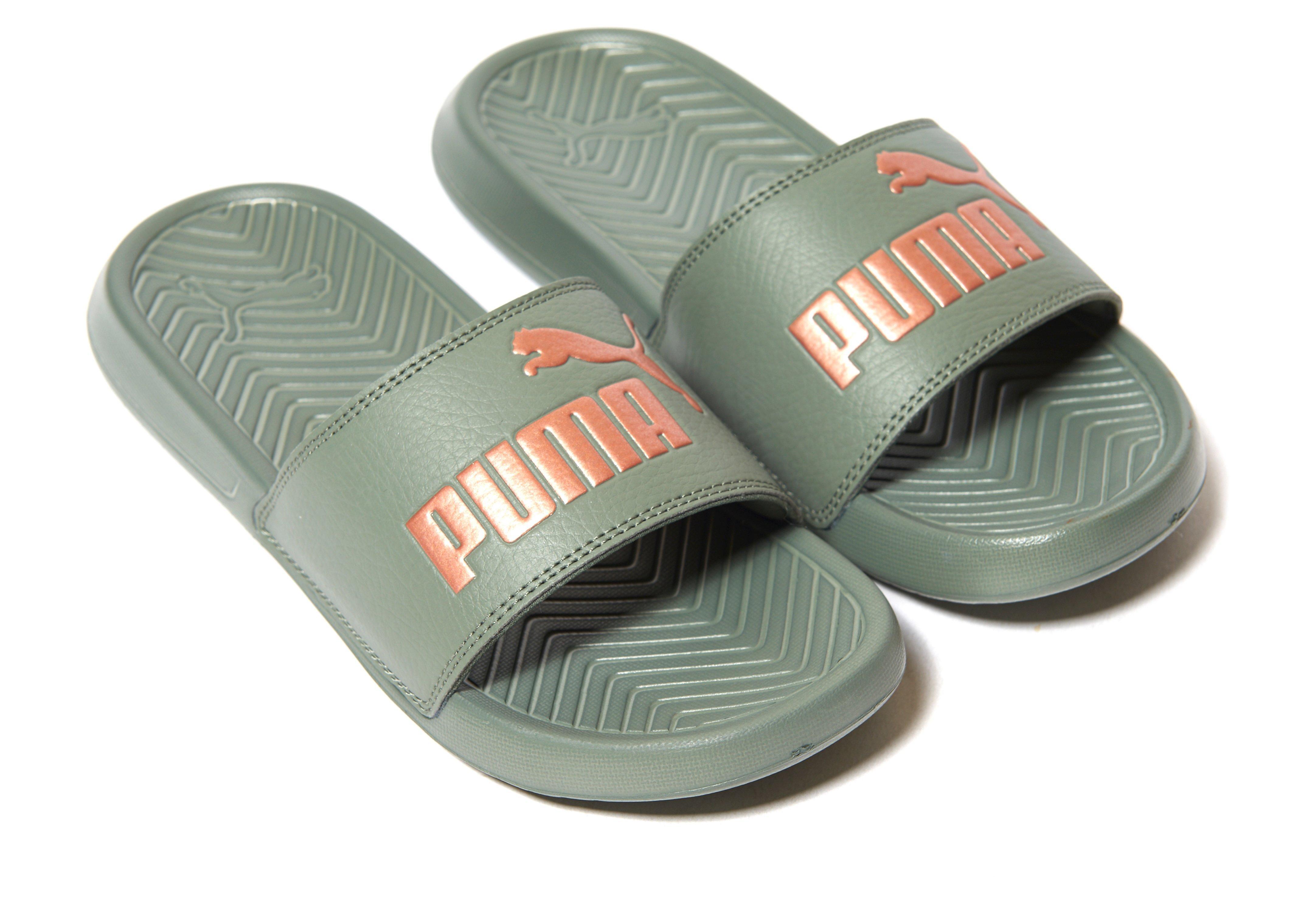 khaki puma slides