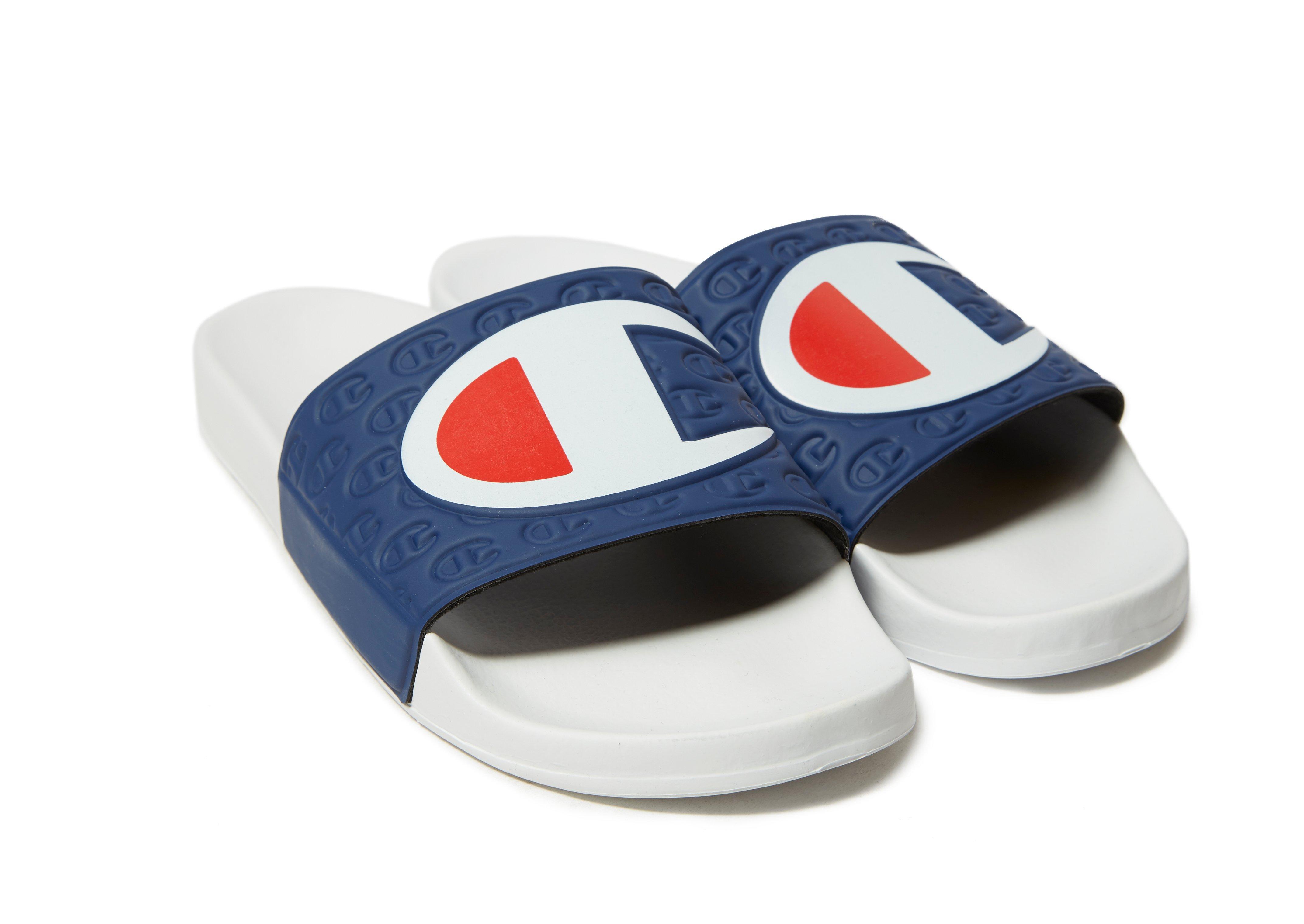 blue and white champion slides