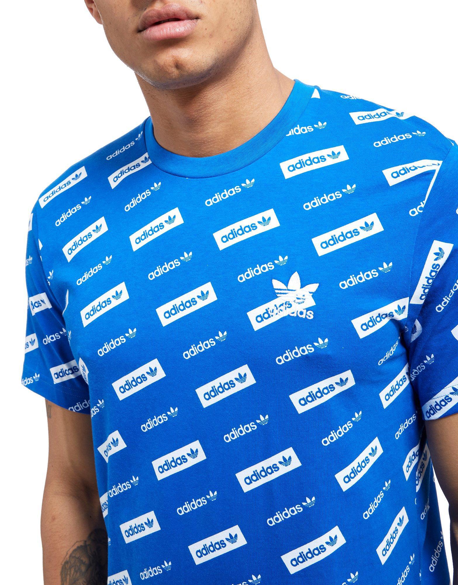 Adidas Originals Cotton Linear All Over Print T Shirt In Blue