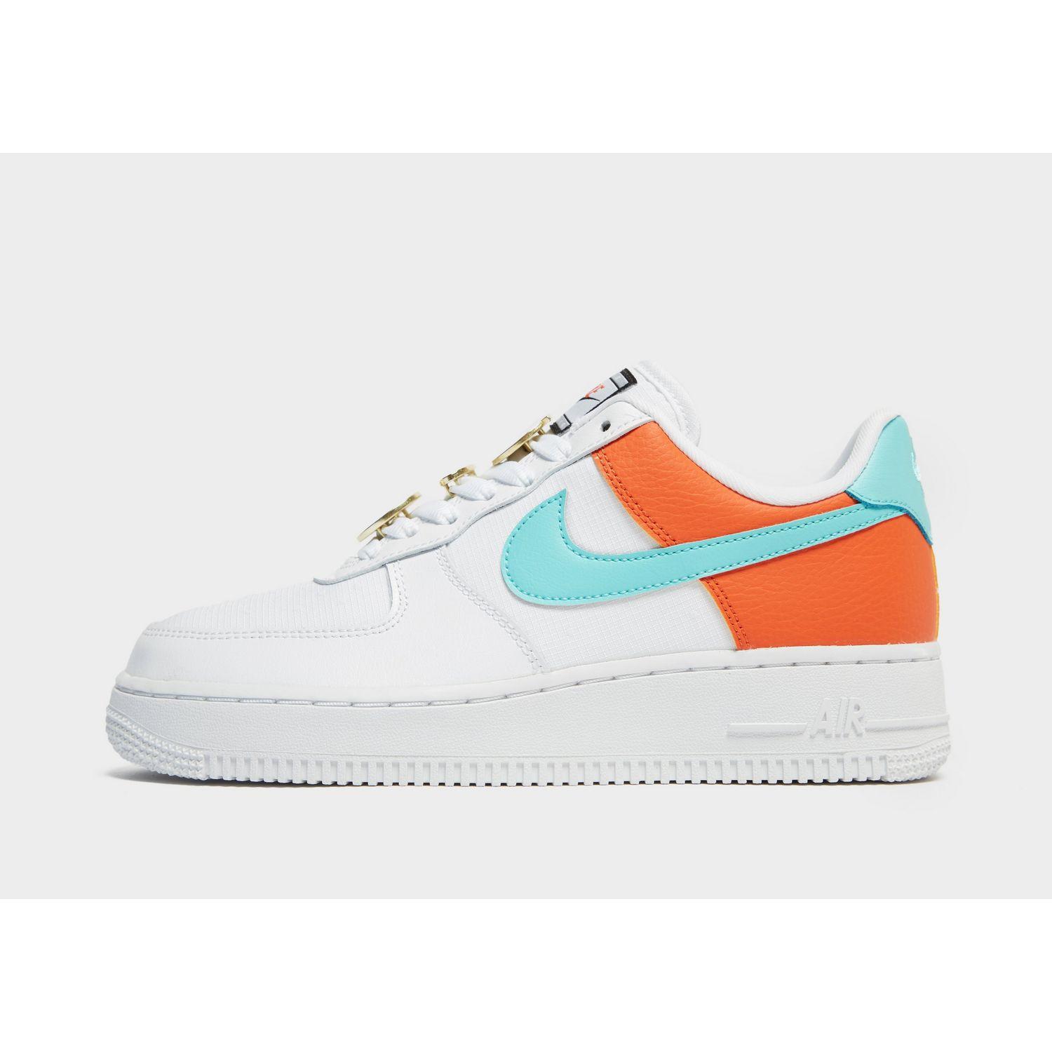 blue white and orange air force ones