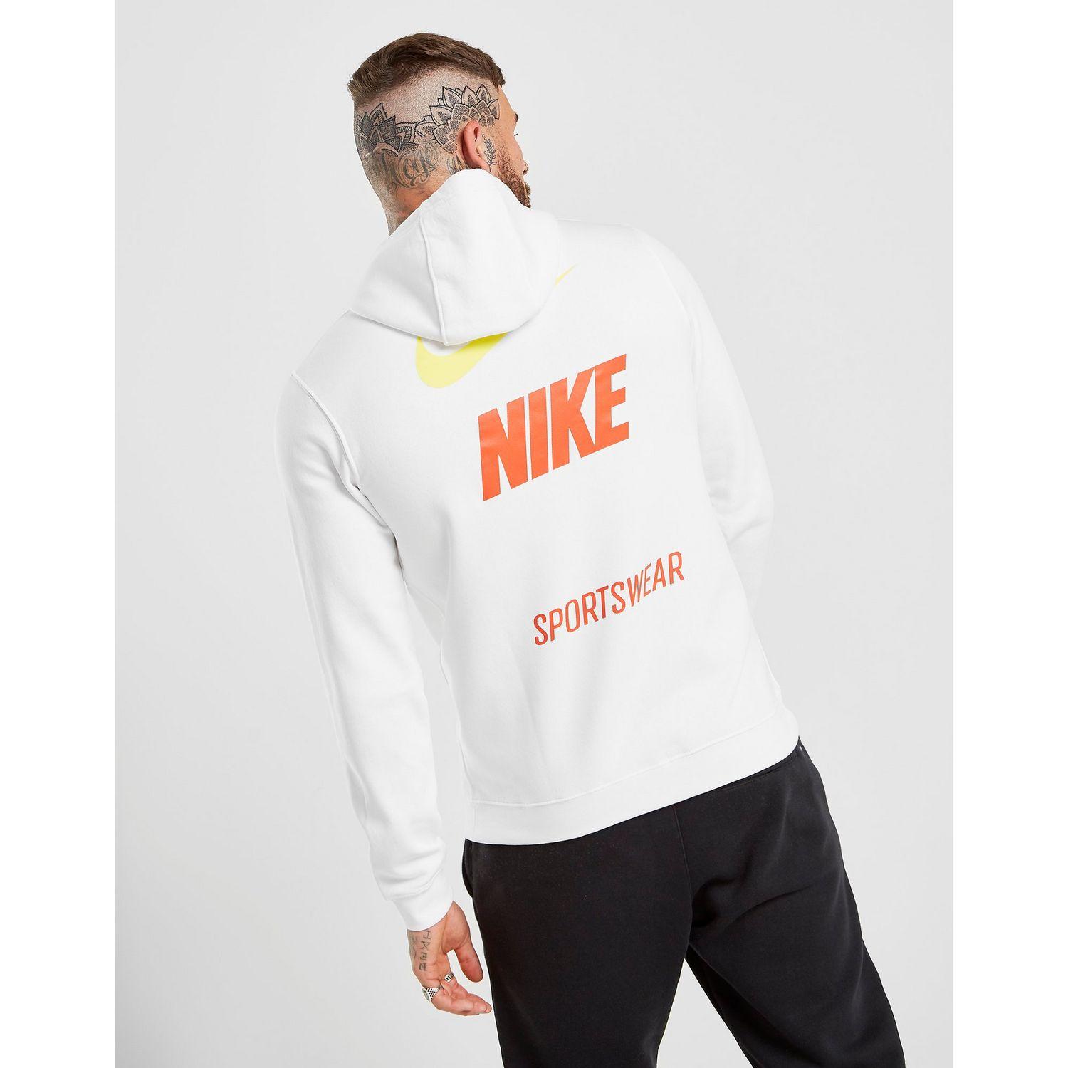 white nike hoodie with orange logo
