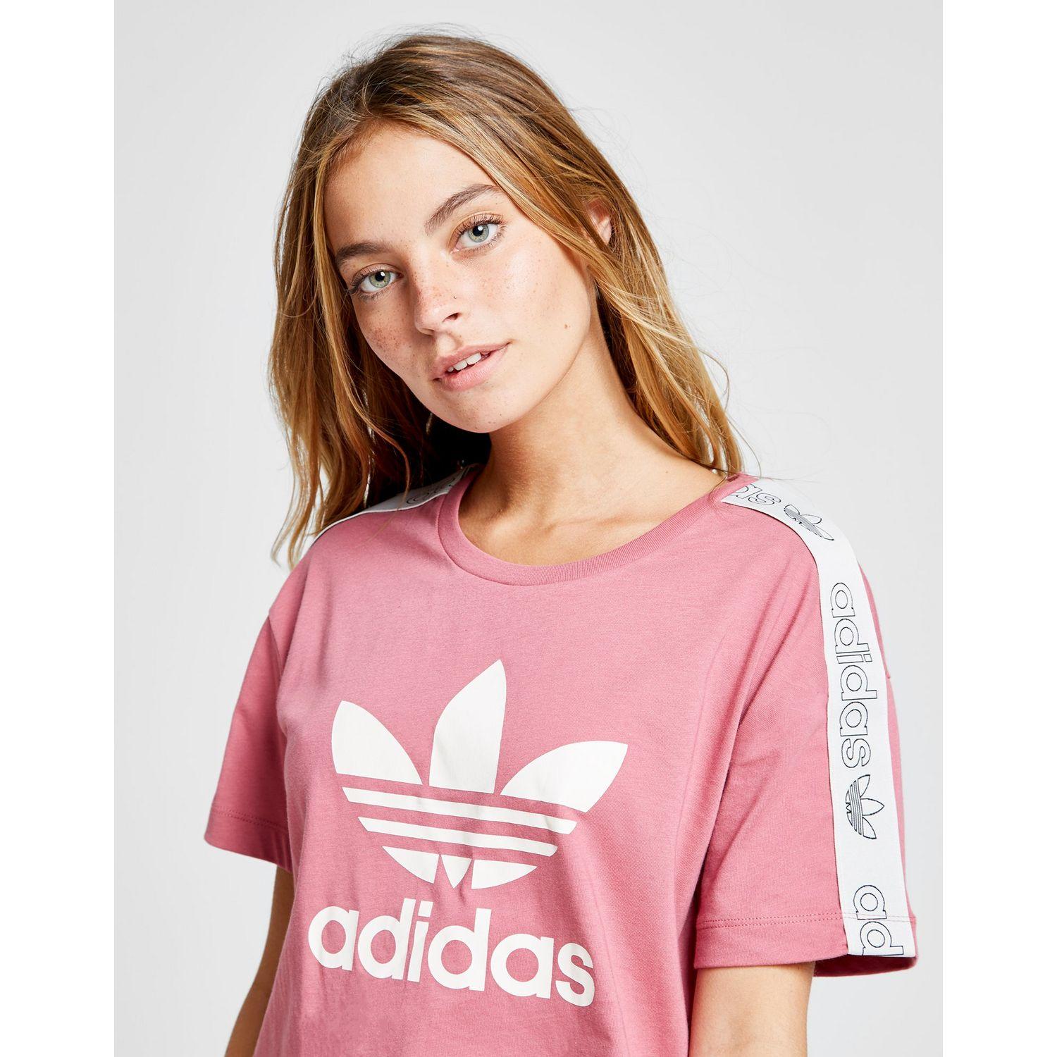 adidas Originals Cotton Tape Crop T-shirt in Pink/White (Pink) - Lyst