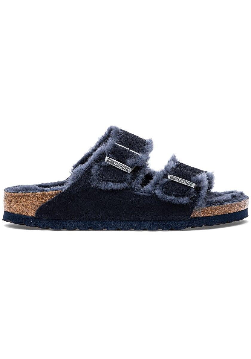 navy shearling birkenstocks