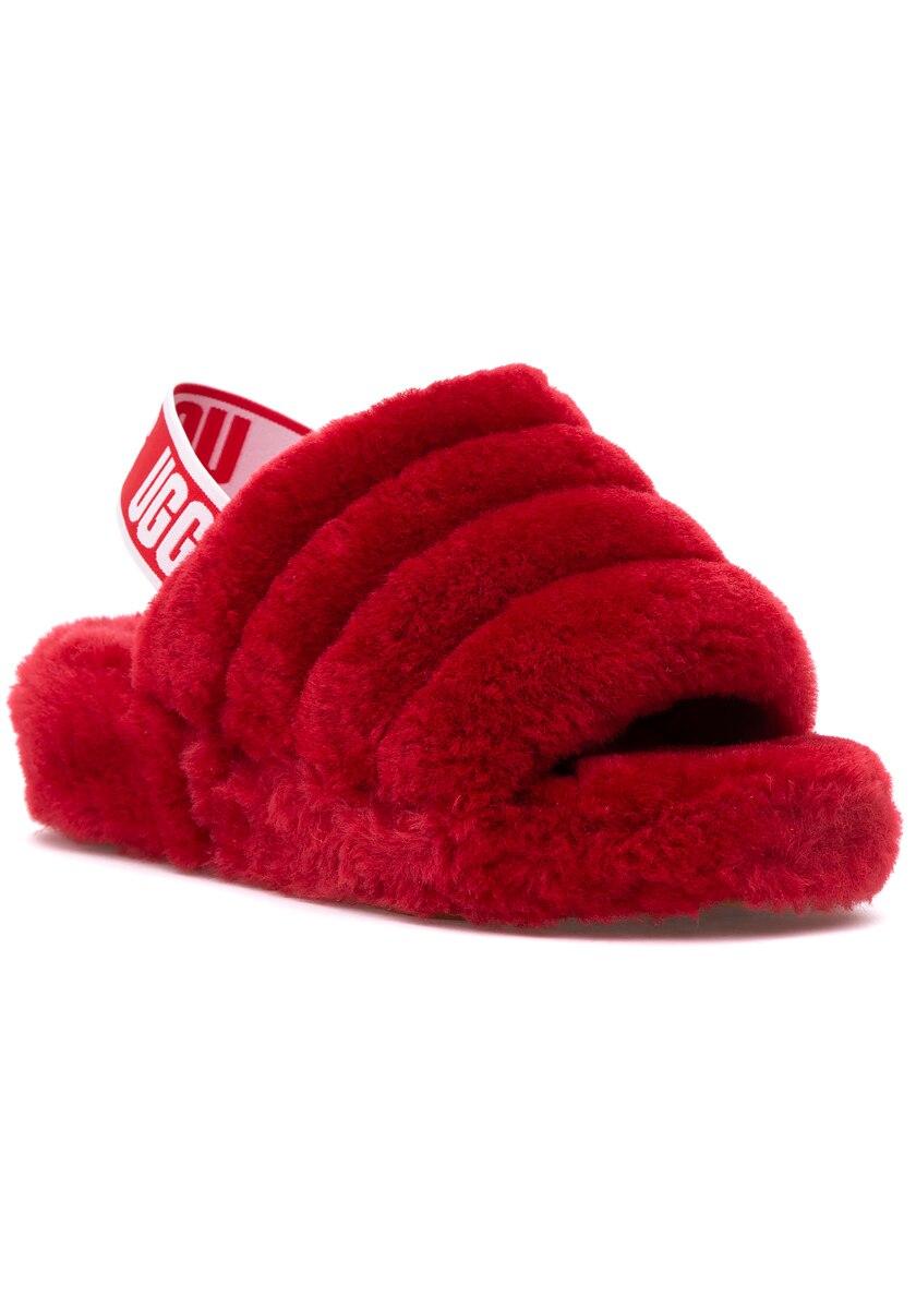 red fluffy ugg slides