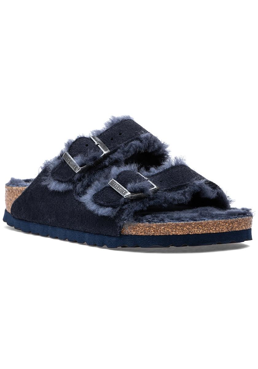 navy shearling birkenstocks
