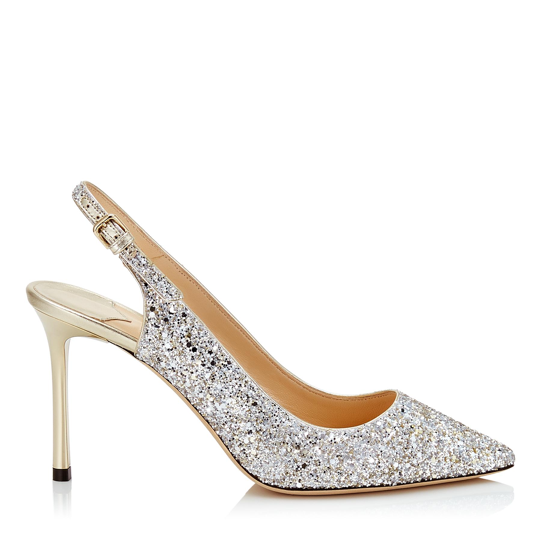 Jimmy Choo Leather Erin 85 Champagne Coarse Glitter Fabric Slingback