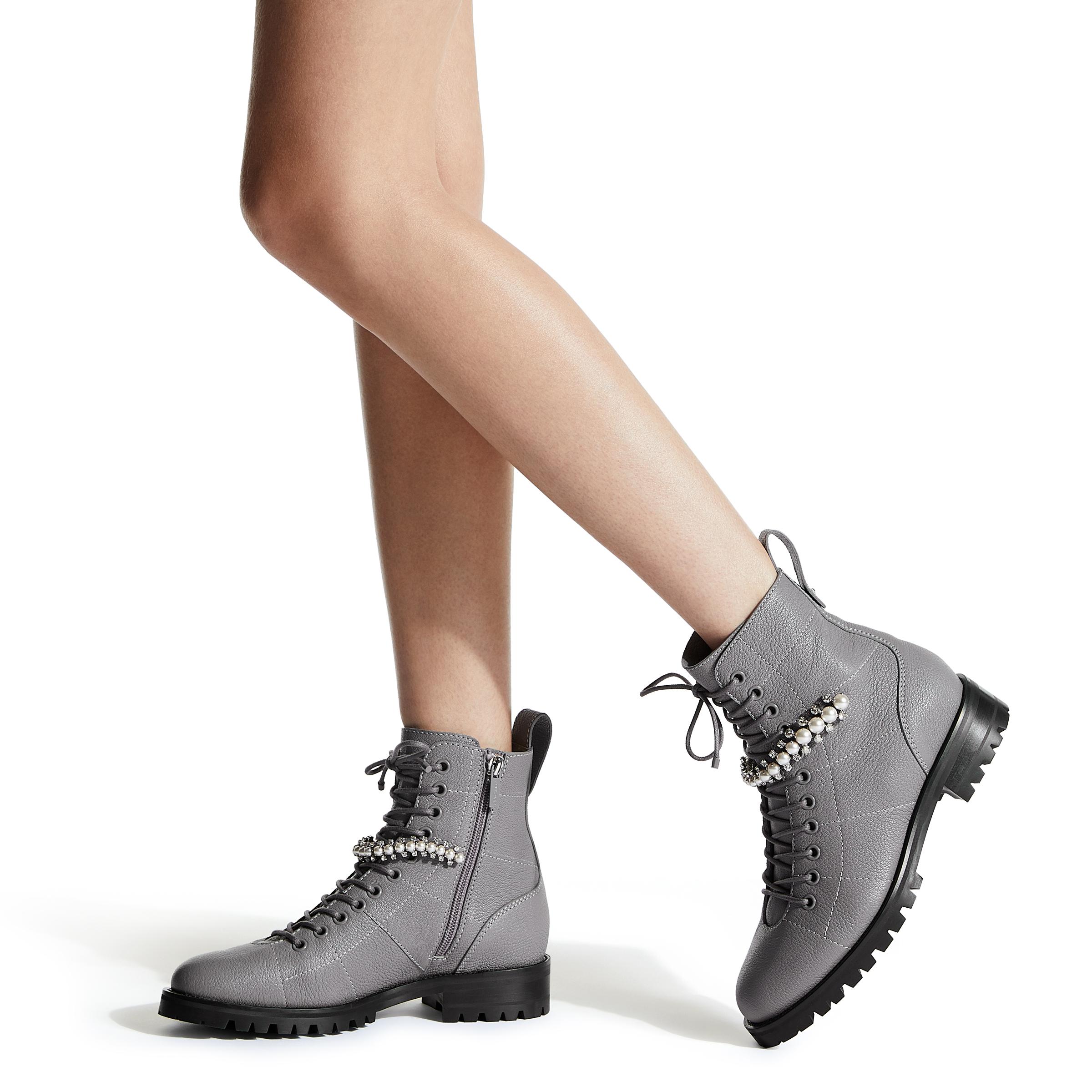 Jimmy Choo Cruz Flat Grey Grained Leather Combat Boots