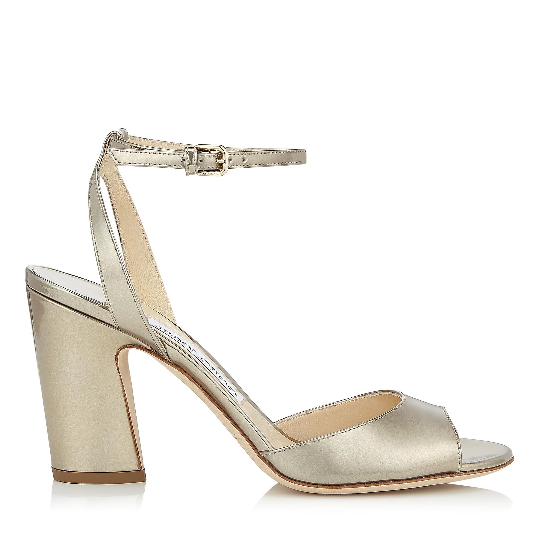 Jimmy Choo Miranda 85 Gold Liquid Mirror Leather Block Heel Sandals in  Metallic | Lyst UK