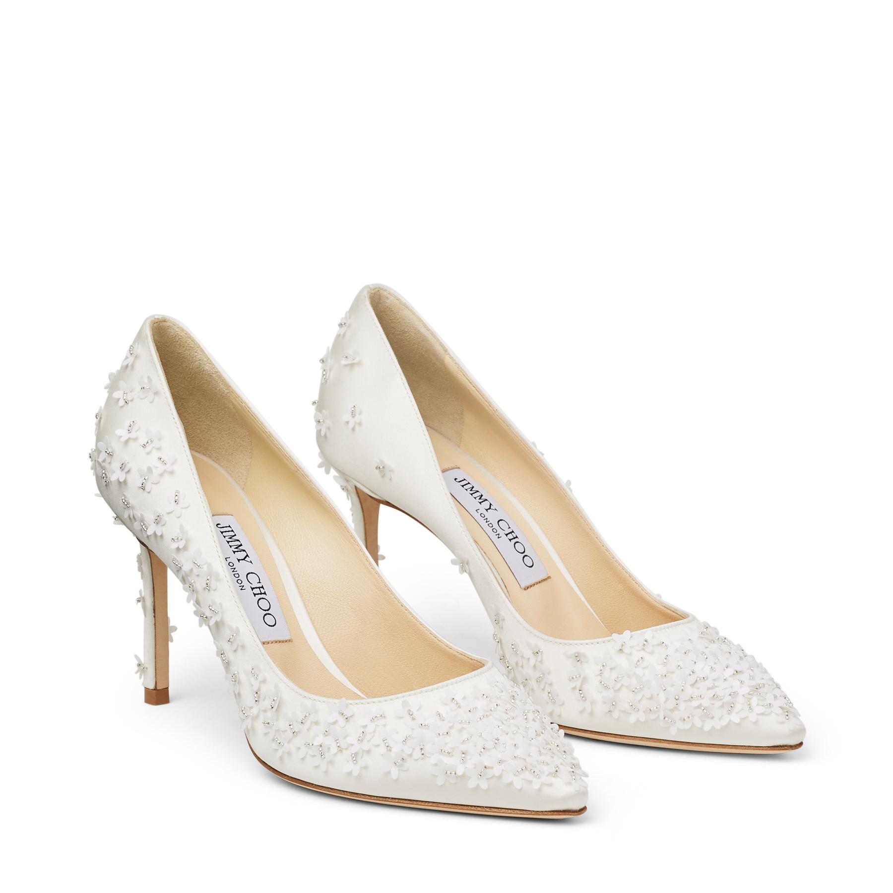 Jimmy Choo Romy 85 Ivory Satin Pumps With Mini Flower Embroidery Ivory ...
