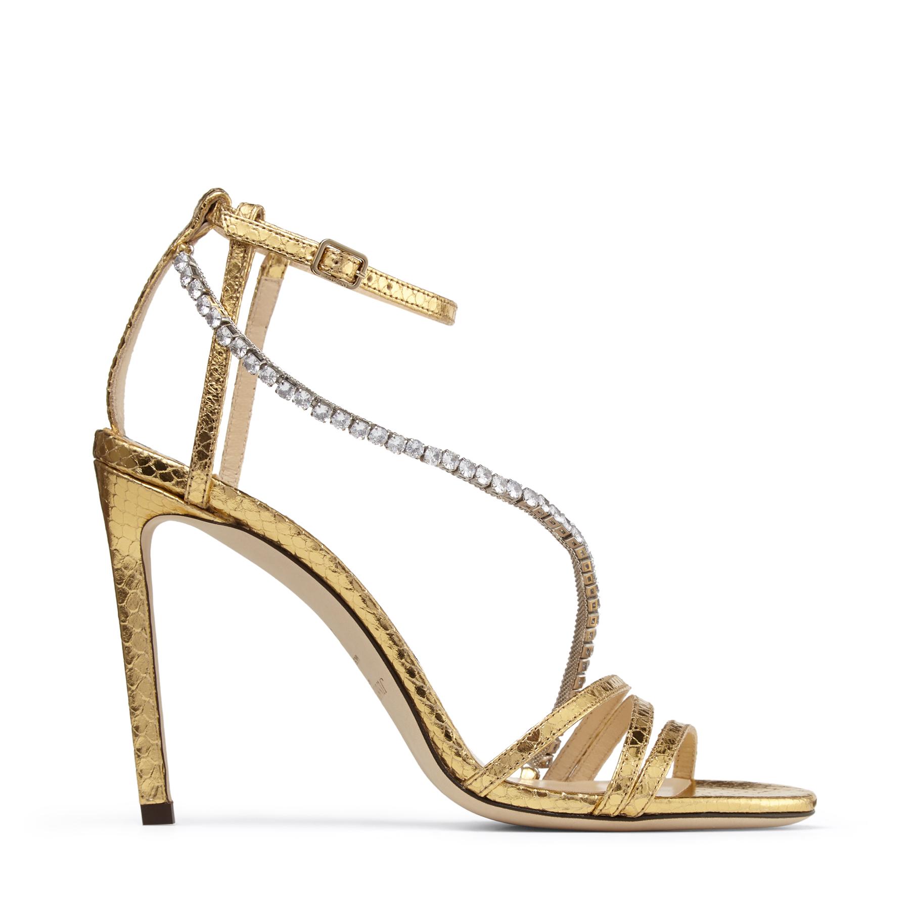 Jimmy Choo Thaia 100 Snake-embossed Leather Sandal in Gold 