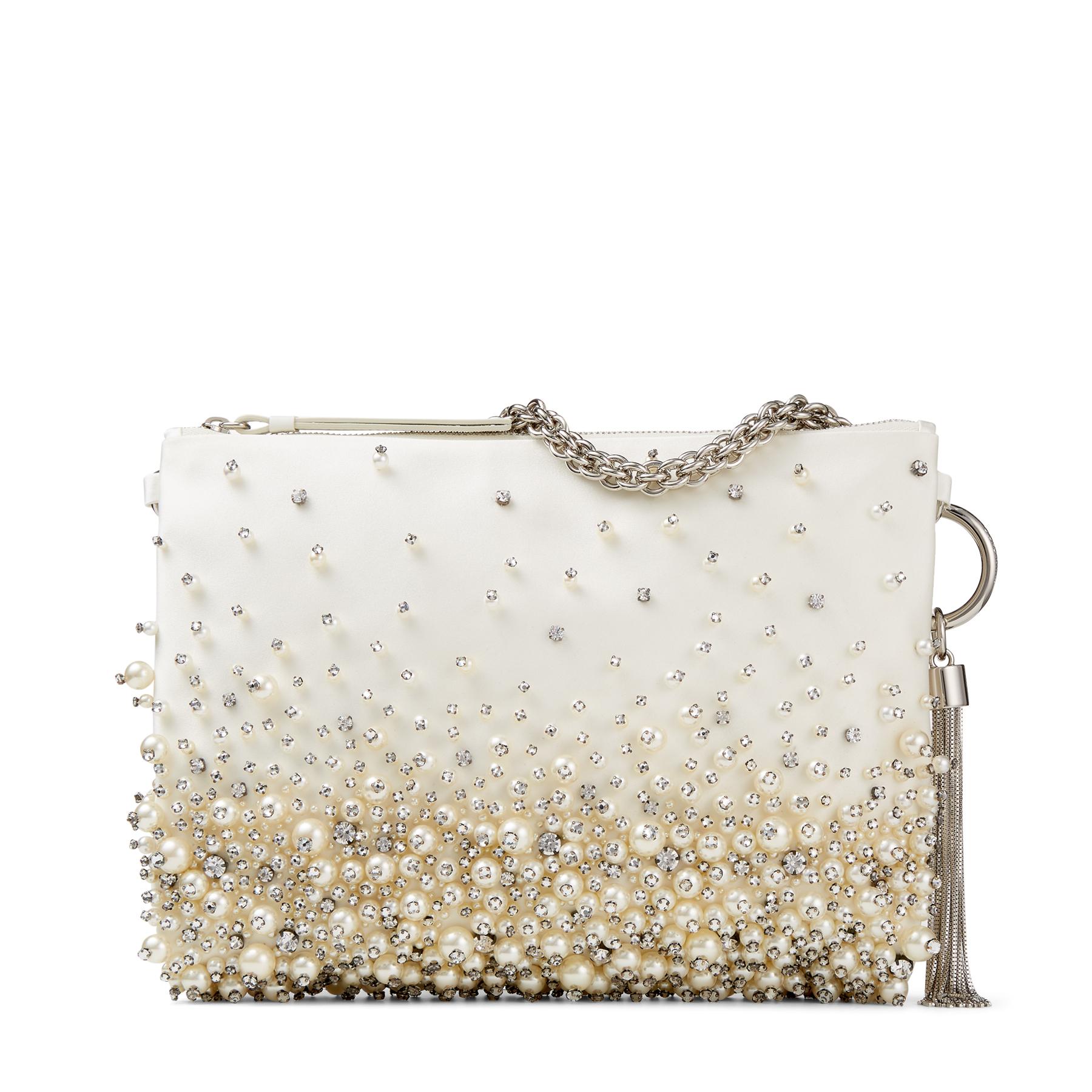 Jimmy Choo Callie Ivory Satin Clutch Bag With Dgrad Pearl Embroidery Biege  One Size in White | Lyst