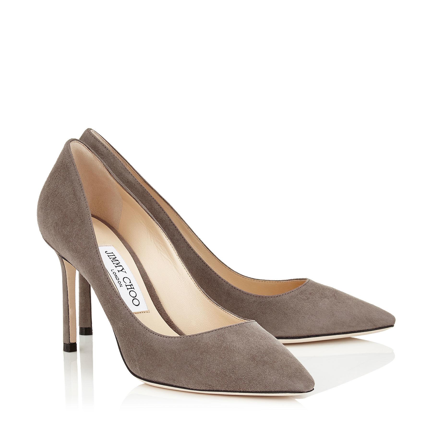 Jimmy Choo Suede Romy 85 in Taupe Grey 