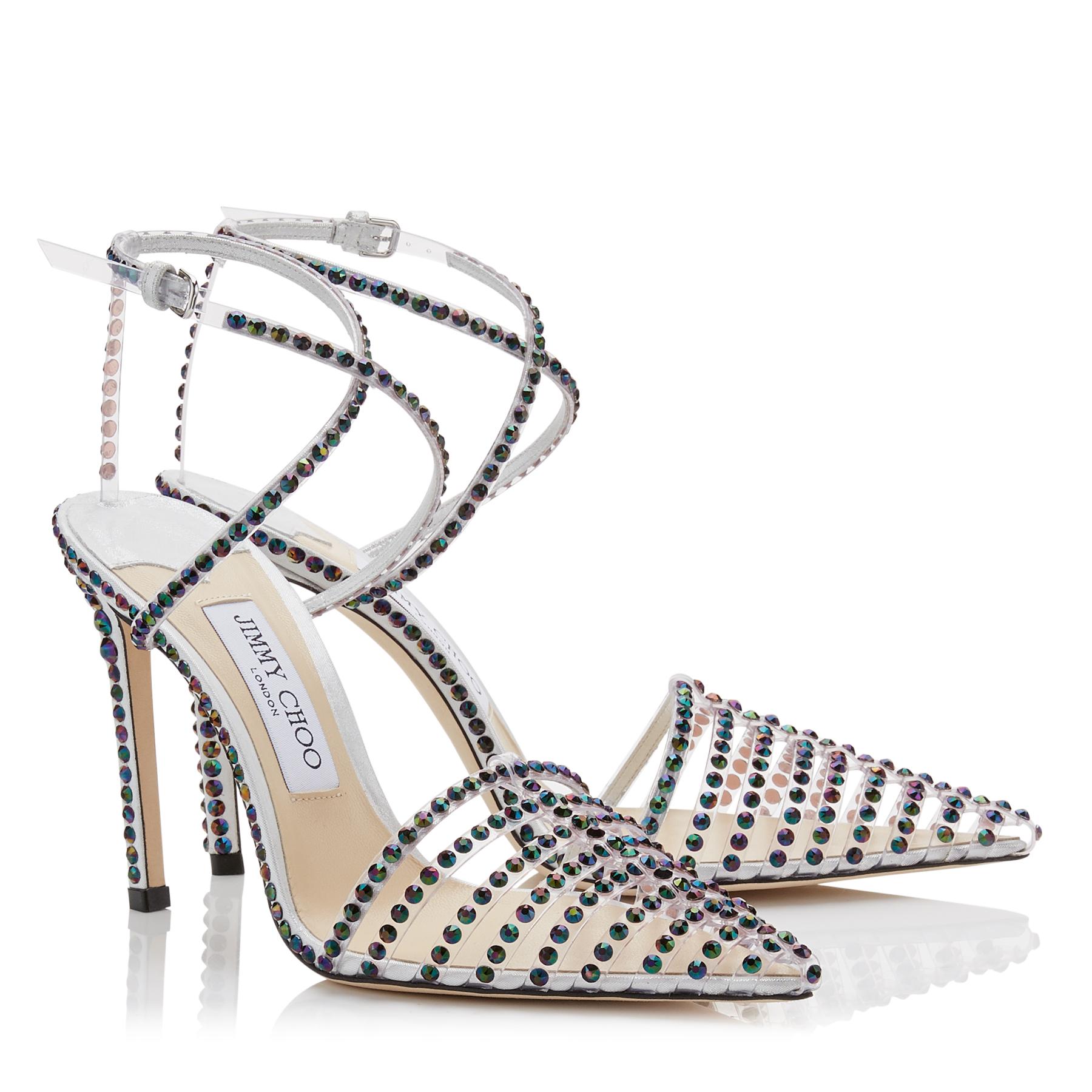 Jimmy Choo Tamai 100 Clear Plexi Heels With Horizontal Straps And
