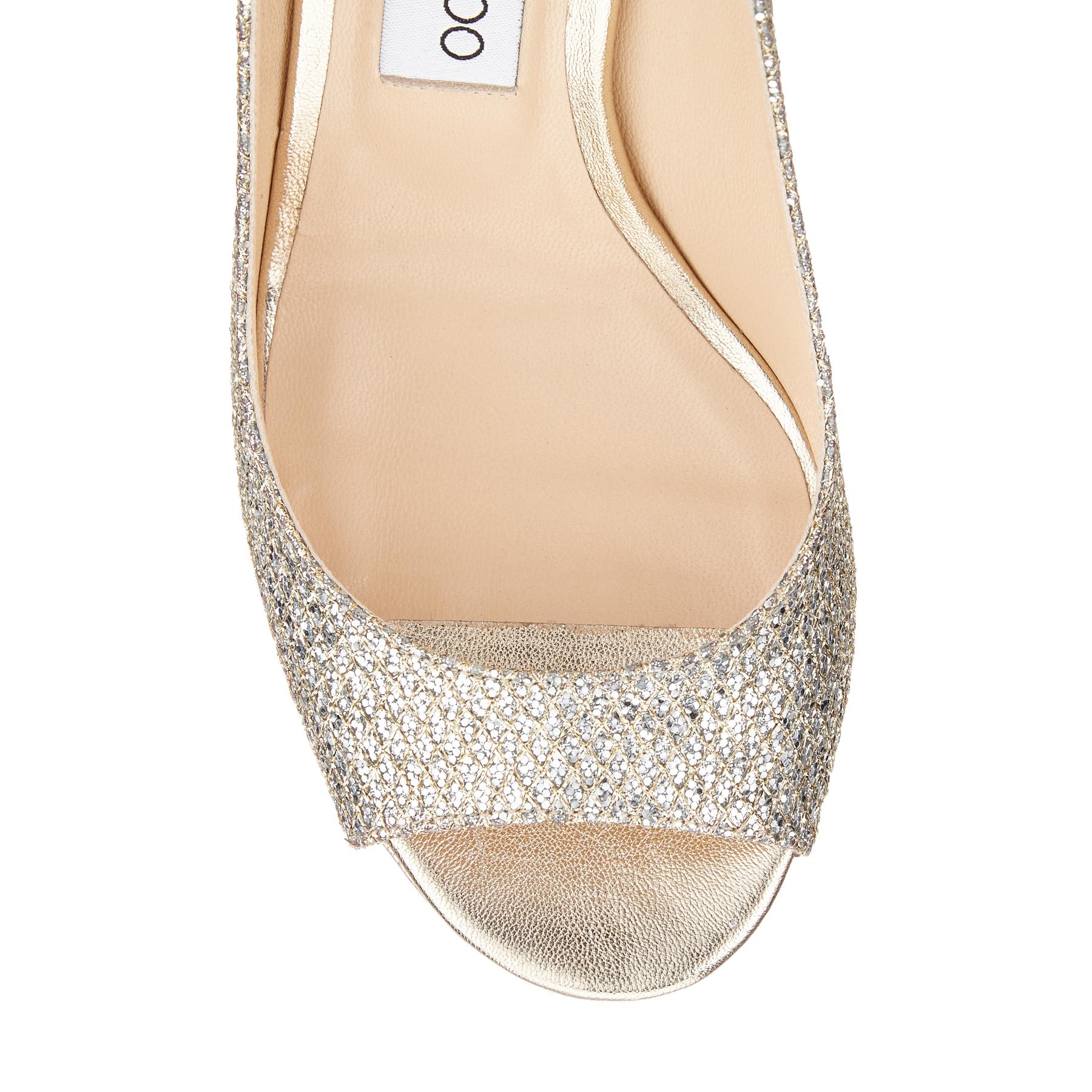 Jimmy Choo Luna 100 Champagne Glitter Fabric Peep Toe Platform