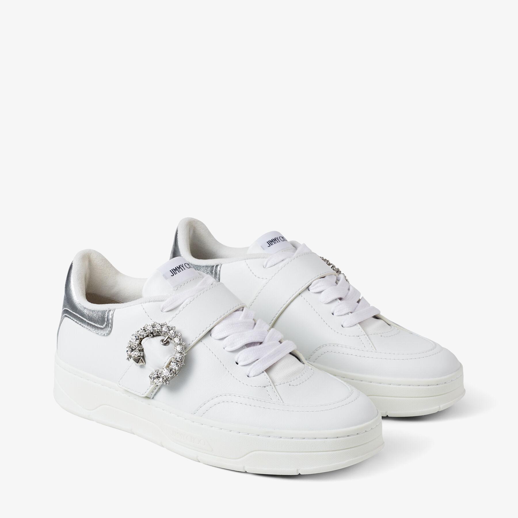 Jimmy Choo Leather Osaka Lace Up in v White/Silver/Crystal (White 