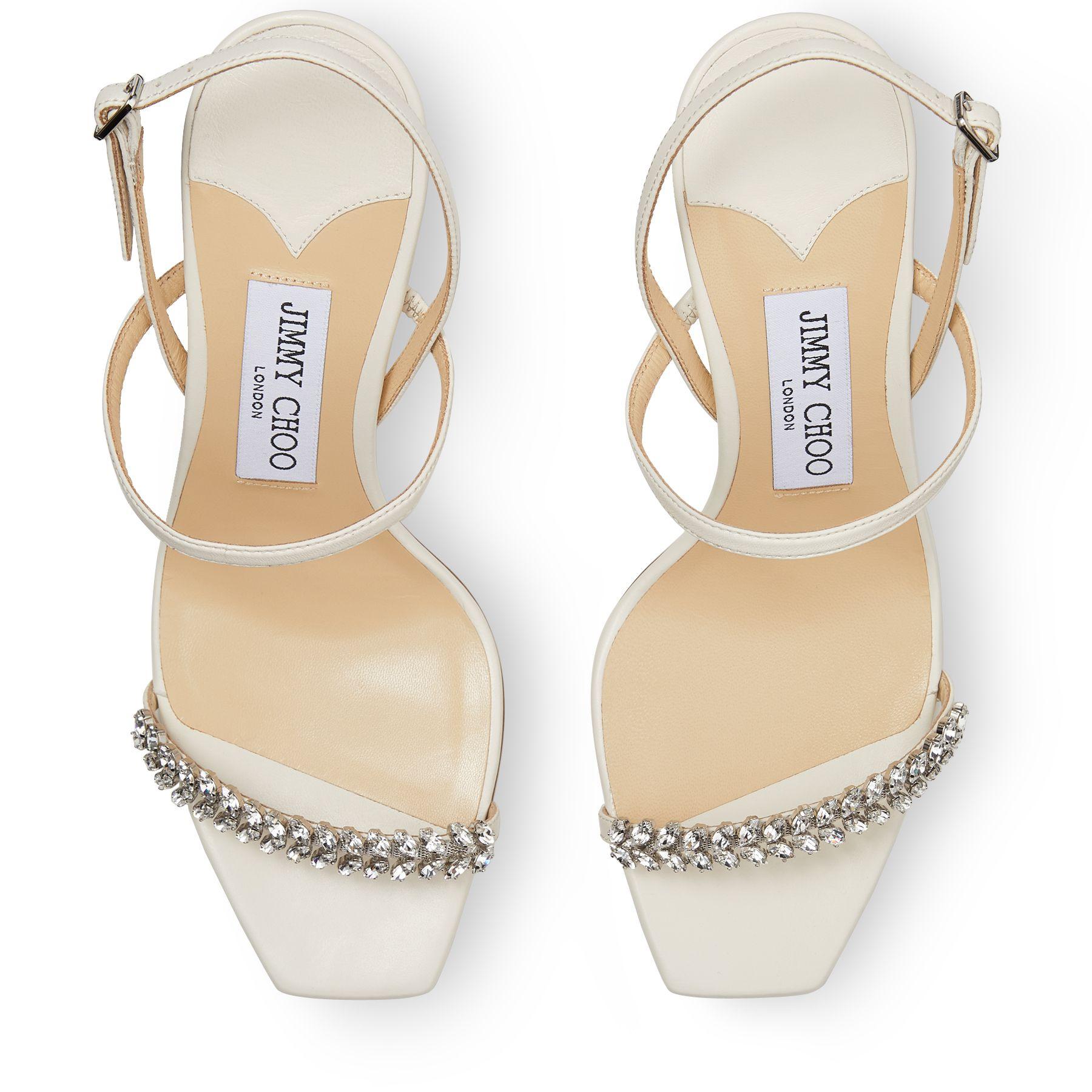 豪華クリスタル★Jimmy Choo MEIRA 85 アンクルストラップ LATTE Gold Liquid Metal Leather Sandals with Crystal Embellishment