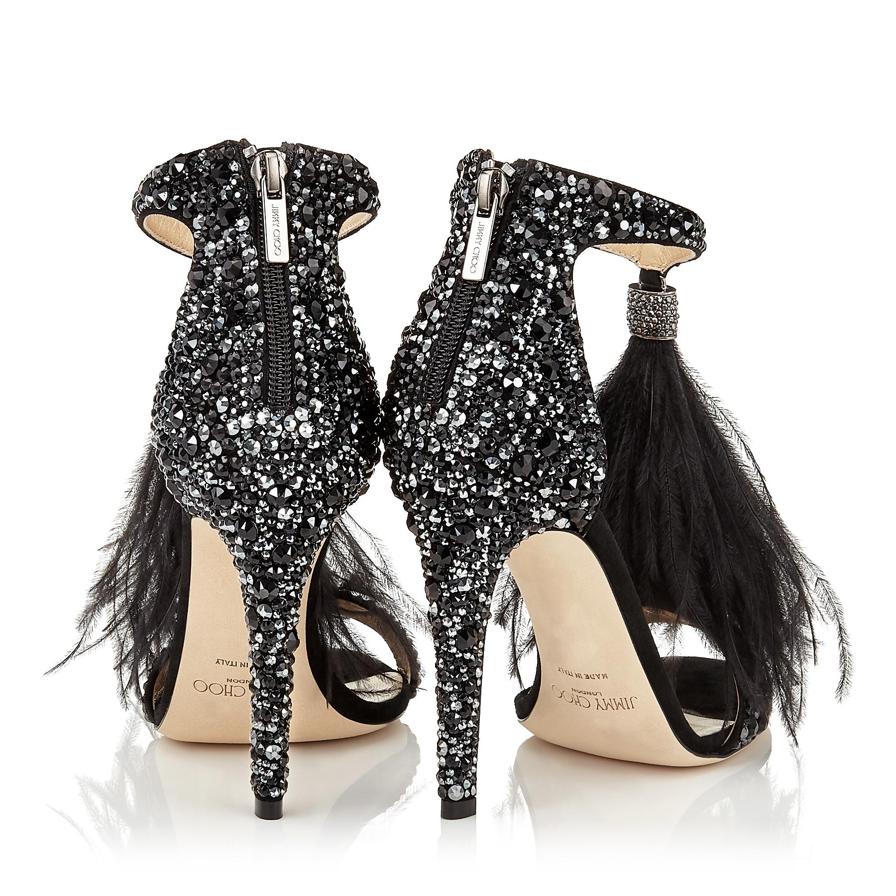 Jimmy Choo Viola 110 Black Suede And Jet Mix Hotfix Sandals With Ostrich Feather Tassel Lyst