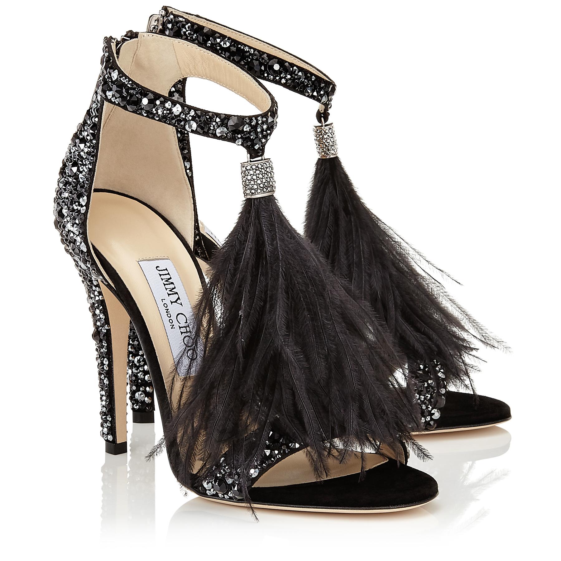 Jimmy Choo Viola 110 Black Suede And Jet Mix Hotfix Sandals With Ostrich Feather Tassel Lyst