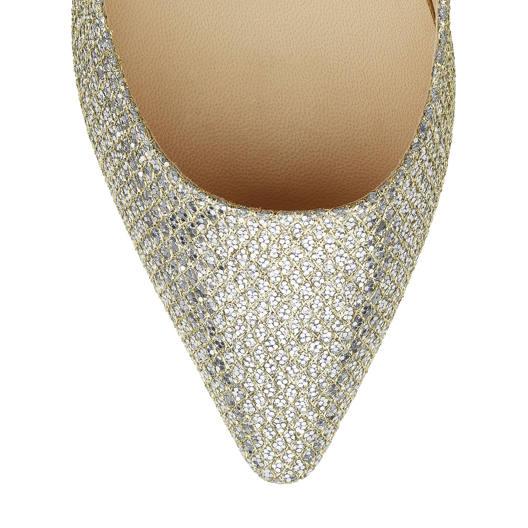 Jimmy Choo Romy 85 Champagne Glitter Fabric Pointy Toe Pumps in