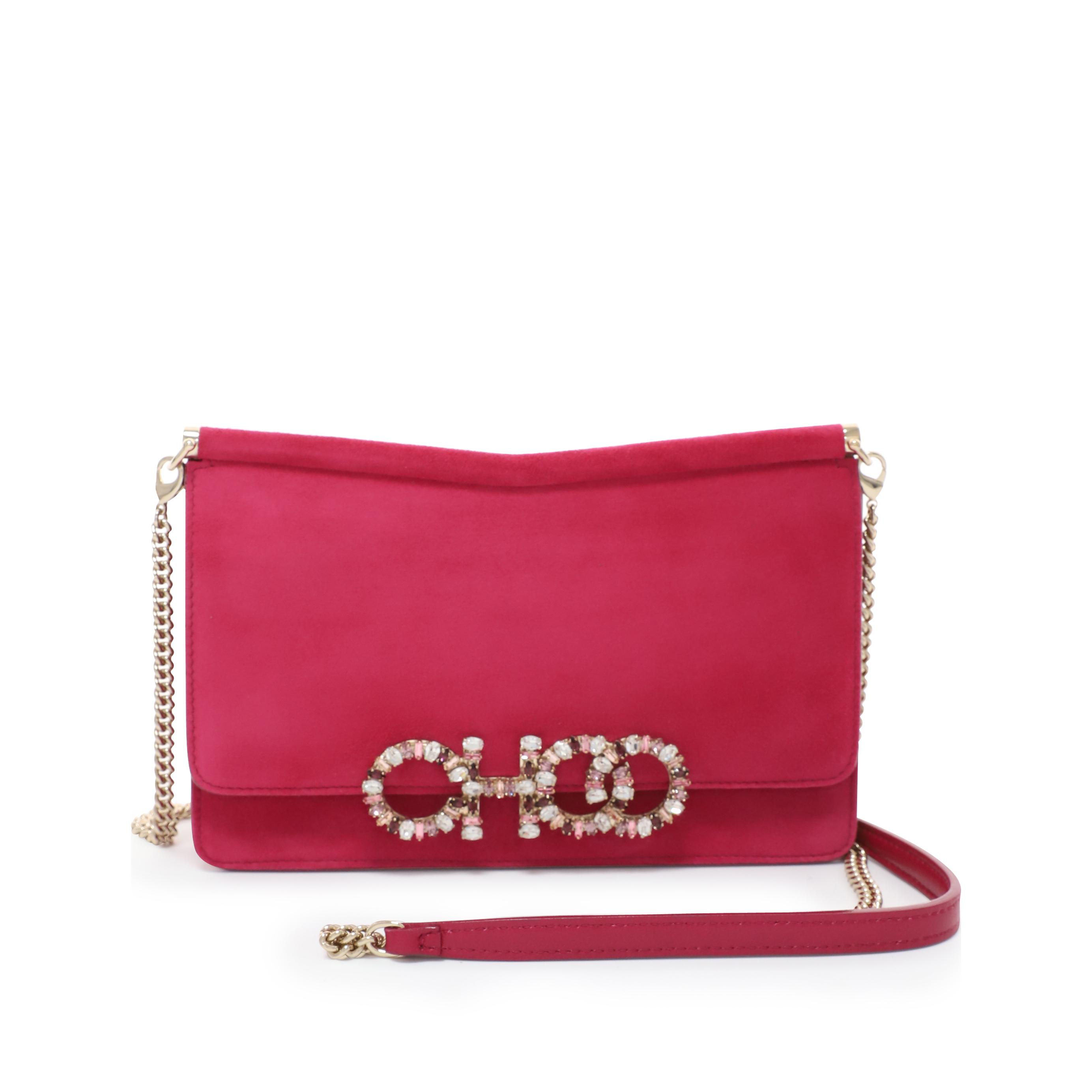 Jimmy Choo Sidney/m Raspberry Suede Cross Body Bag With Crystal Logo in Red