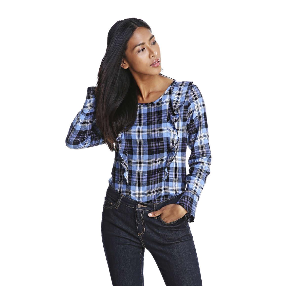 Lyst Joe Fresh Ruffle Plaid Shirt in Blue