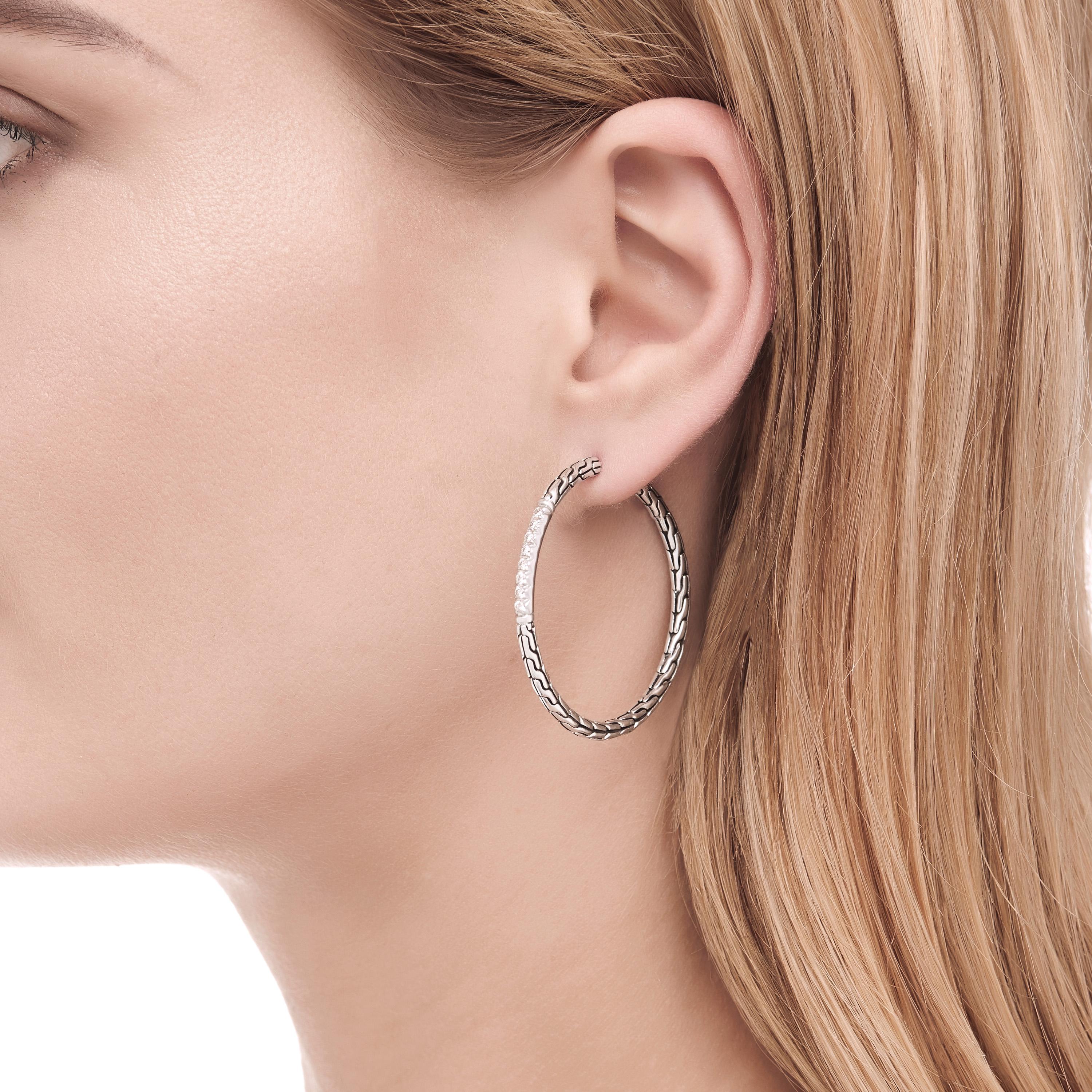 John Hardy Classic Chain Medium Hoop Earring With Diamonds in White