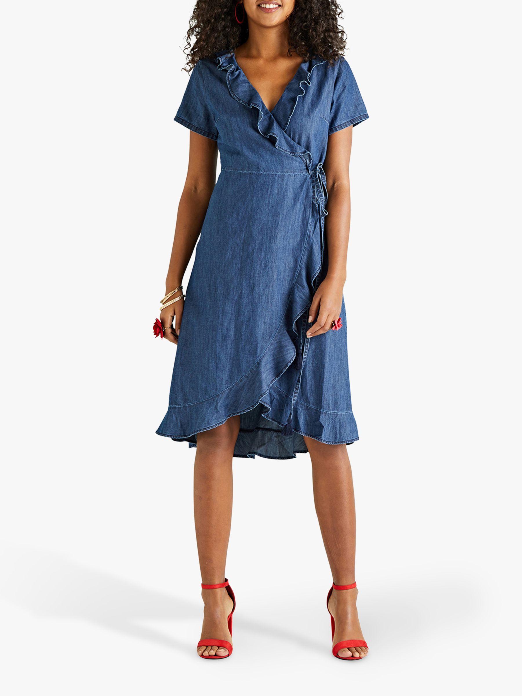 yumi frill wrap denim dress