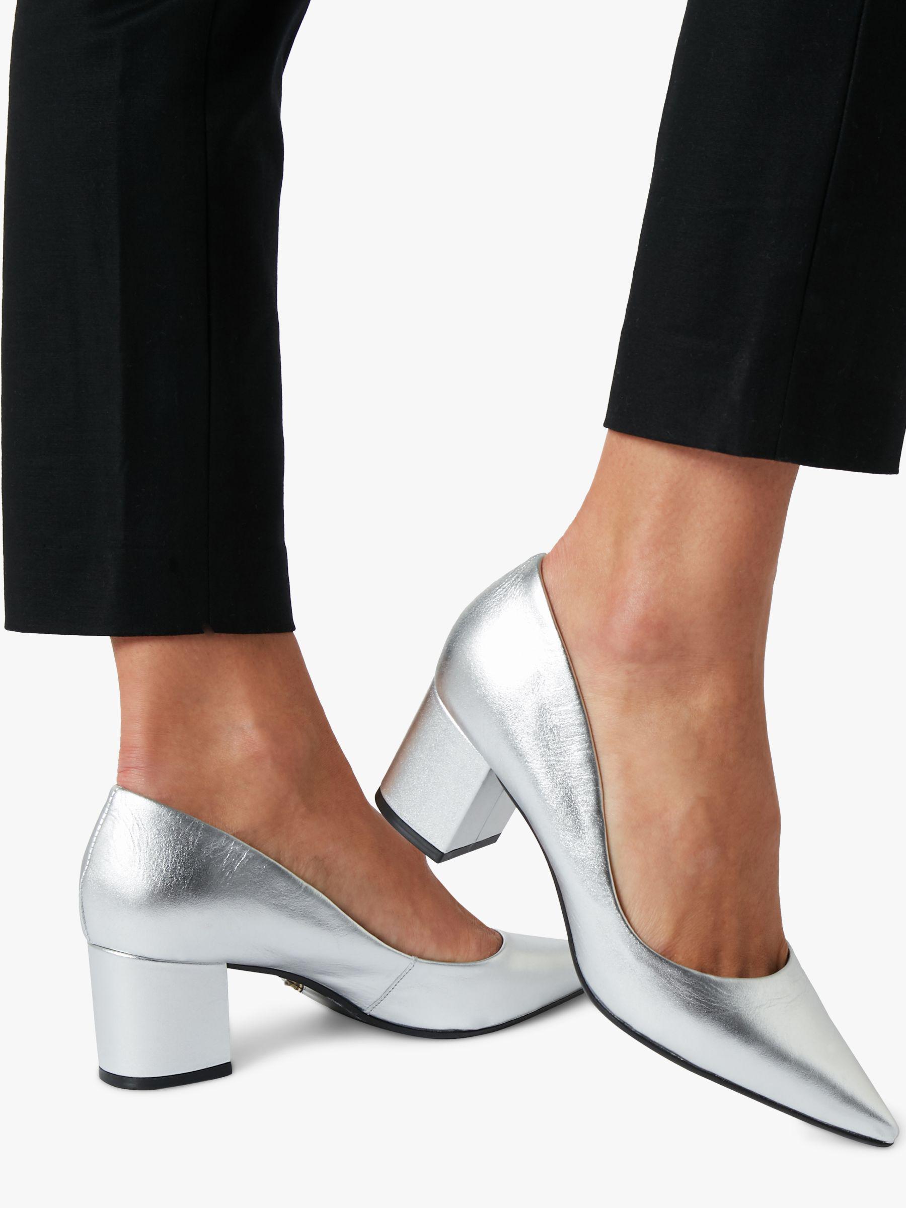 silver court shoes block heel