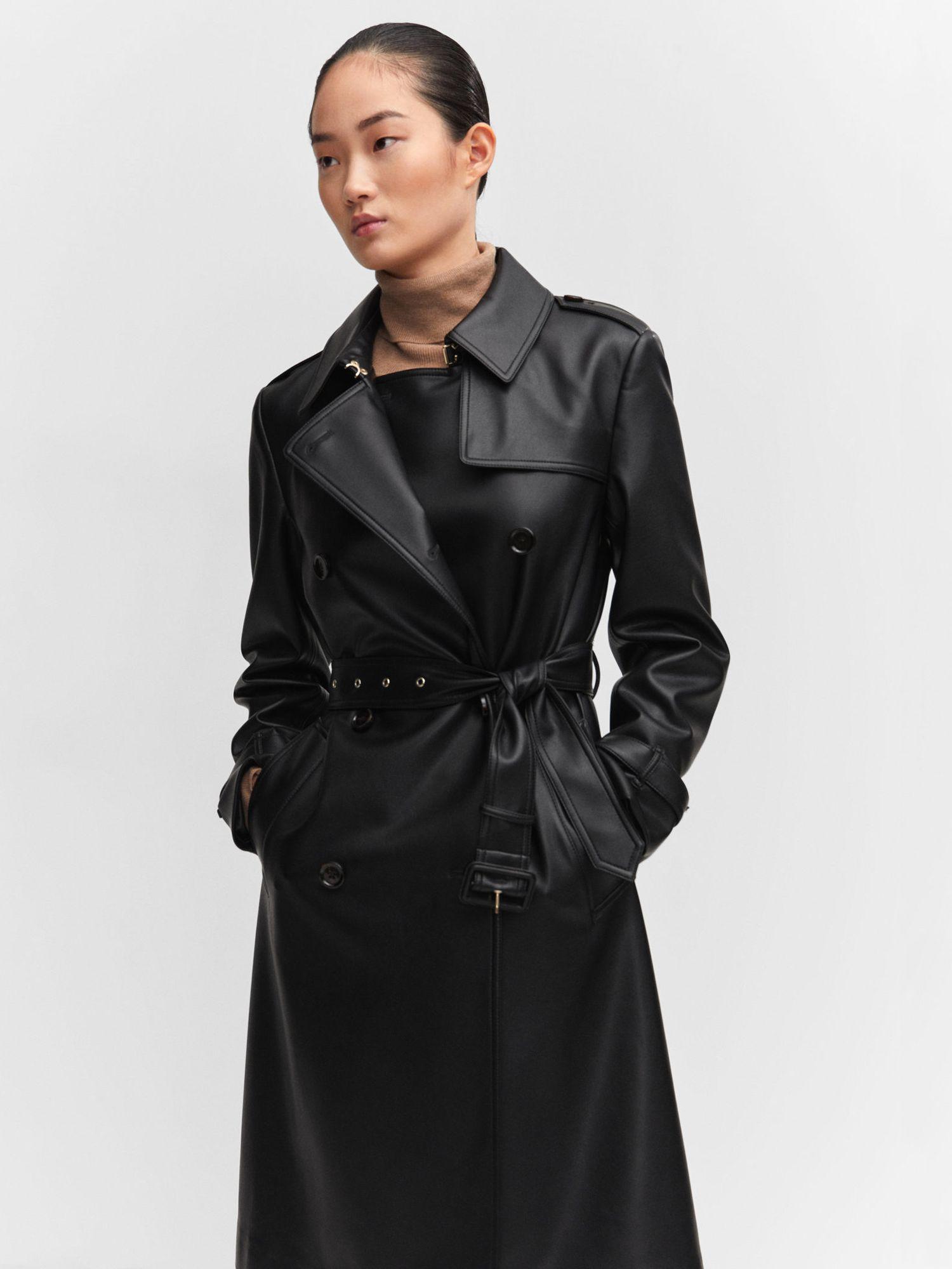 Mango Polanapu Faux Leather Trench Coat in Black | Lyst UK