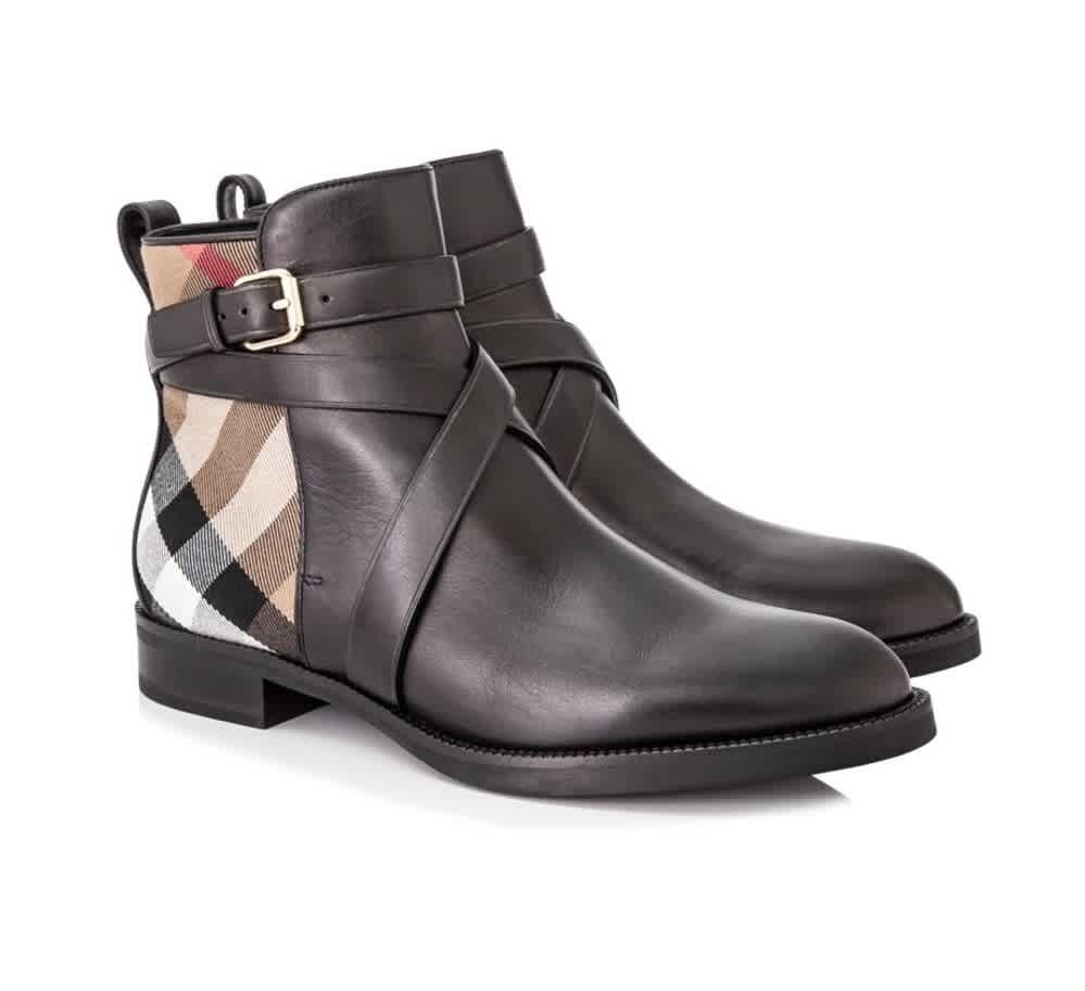 Burberry House Check And Leather Ankle Boots in n,a (Black) - Lyst