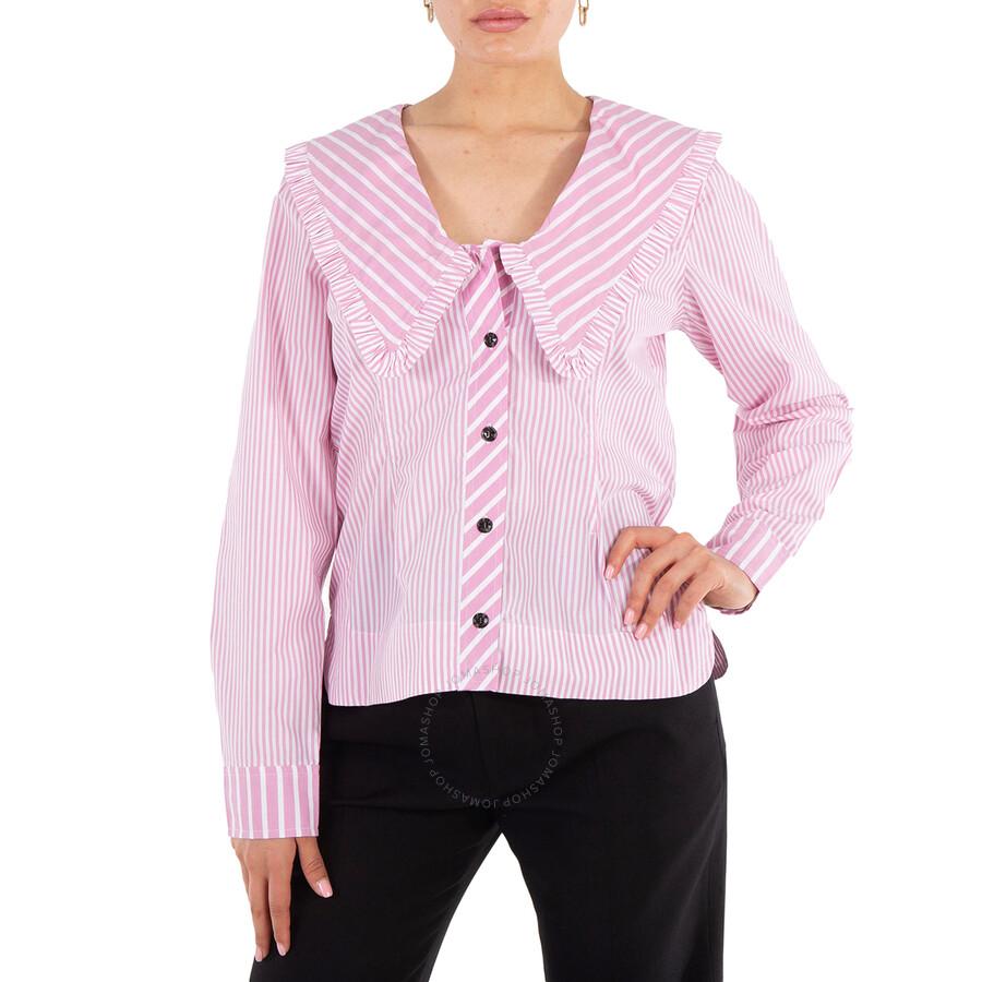 Ganni Ruffled Striped Organic Cotton-poplin V-neck Blouse in