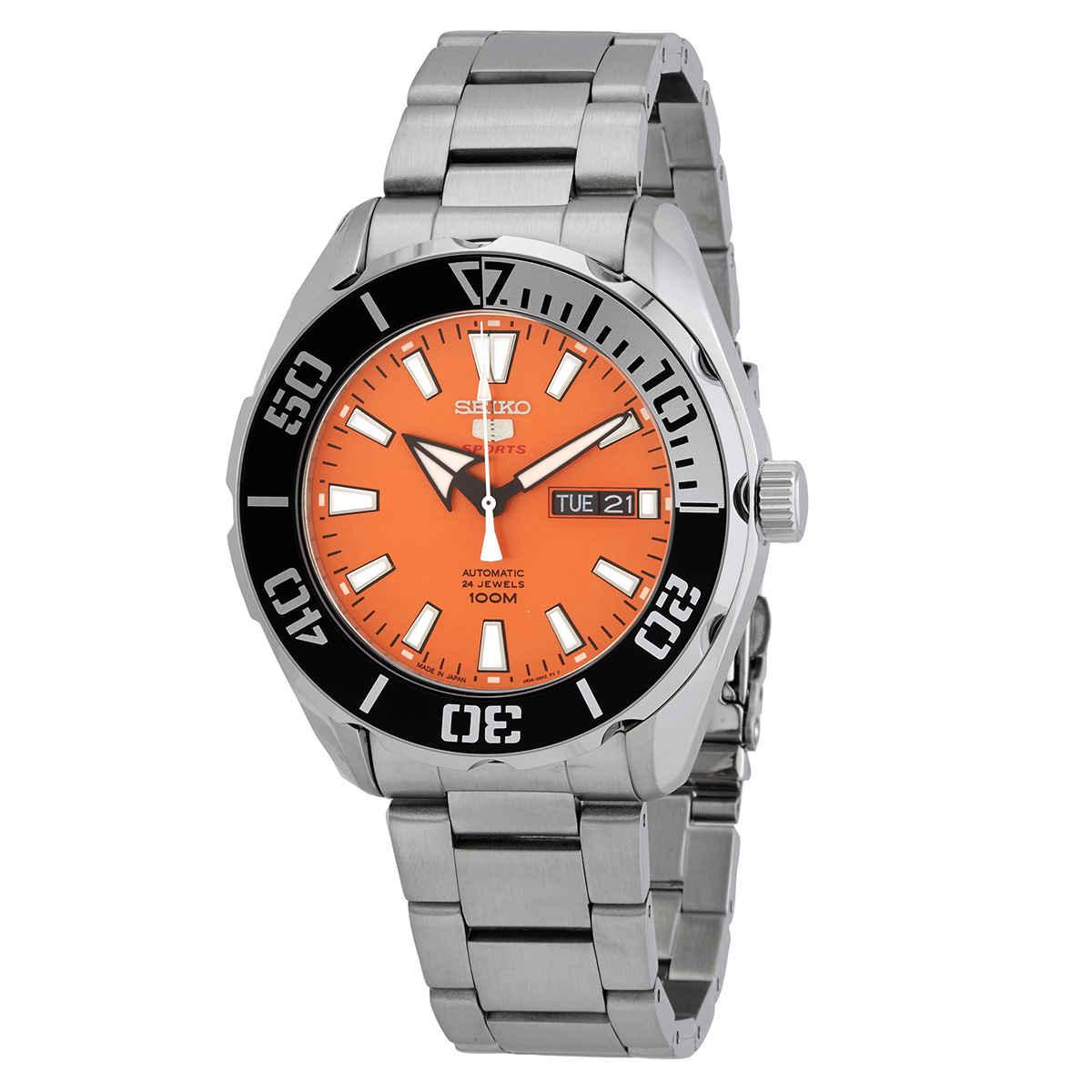 Seiko 5 Automatic Orange Dial Mens Watch in Black,Orange,Silver Tone