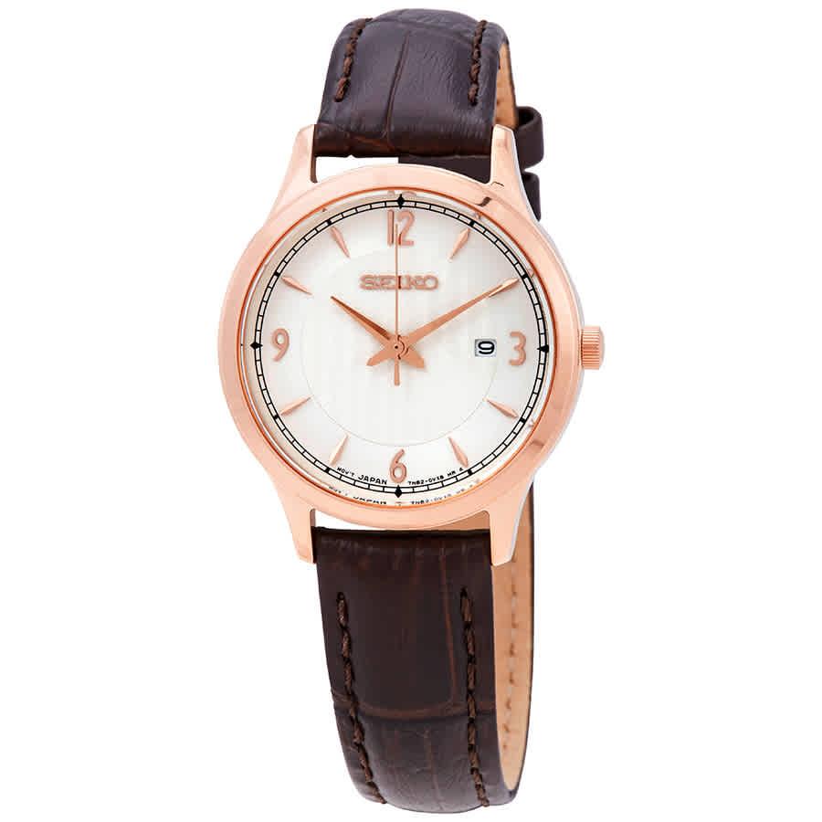 Seiko Leather Quartz Silver Dial Ladies Watch in Brown,Gold Tone,Pink