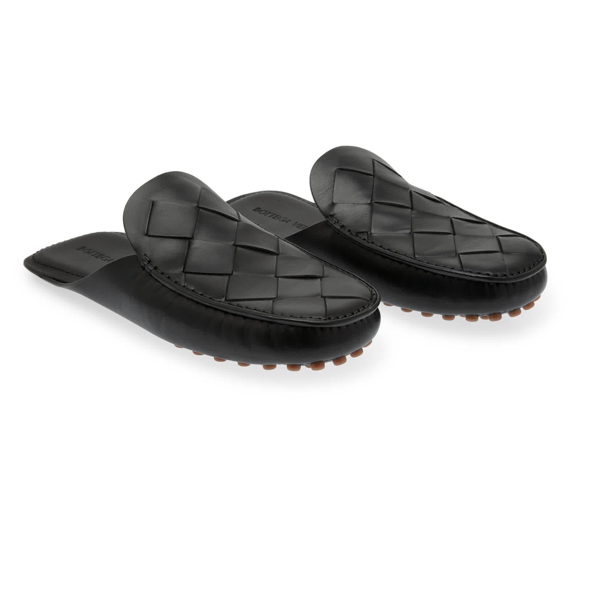 Bottega Veneta Leather Intrecciato Mens Black Slippers for Men - Lyst