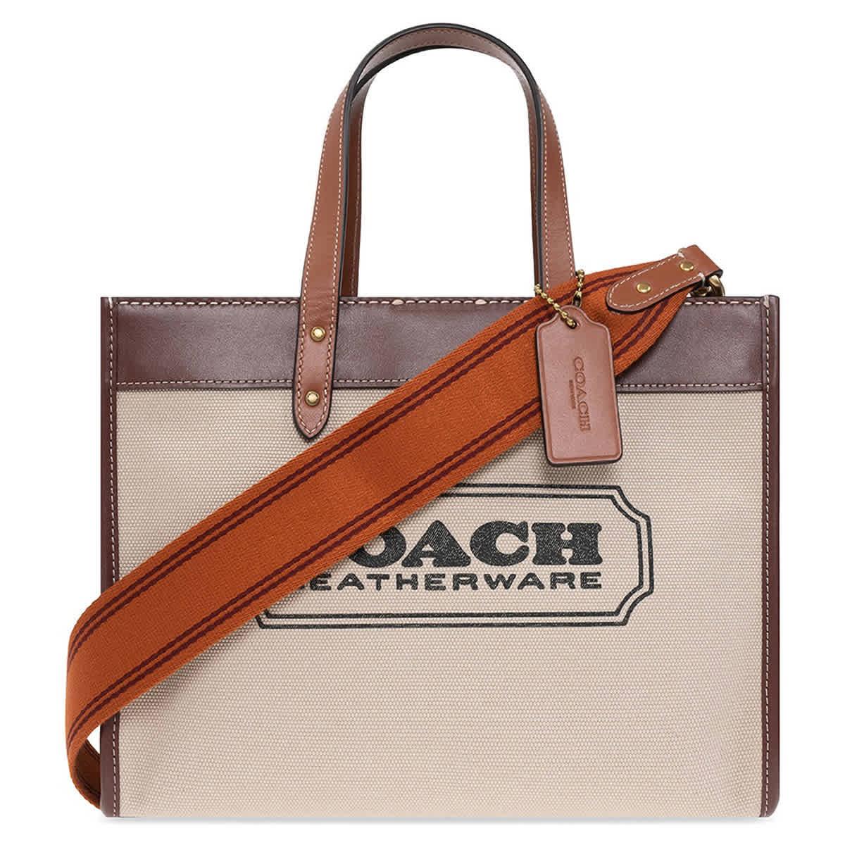 Coach field tote 22 colorblock with coach badge in brass/ pink