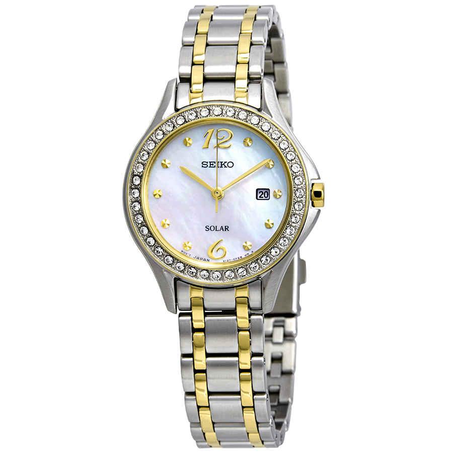 Seiko Core Solar Powered Mother Of Pearl Ladies Watch in Gold Tone ...