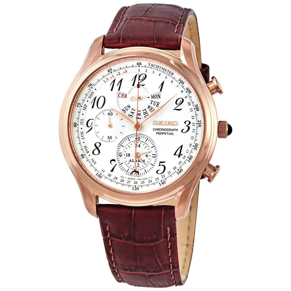 Seiko Leather Chronograph Alarm Quartz White Dial Mens Watch in Brown