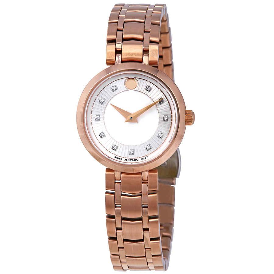 Movado 1881 Diamond Silver Dial Rose Gold Pvd Ladies Watch in Gold Tone