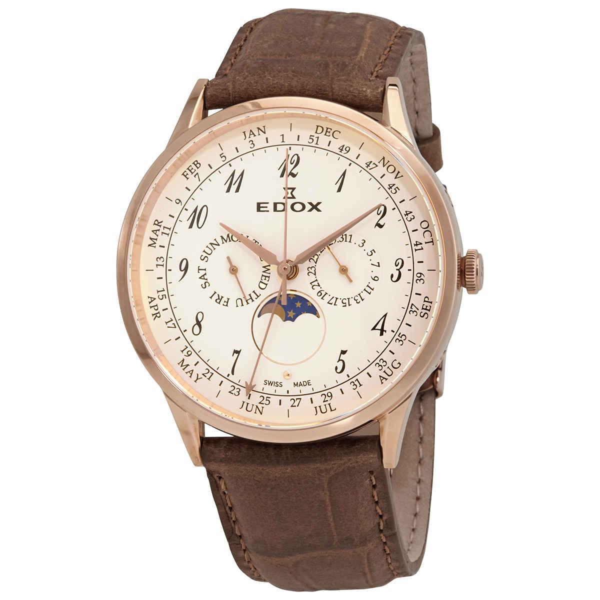 Edox Les Vauberts Rose Dial Annual Calendar Watch in Metallic for Men