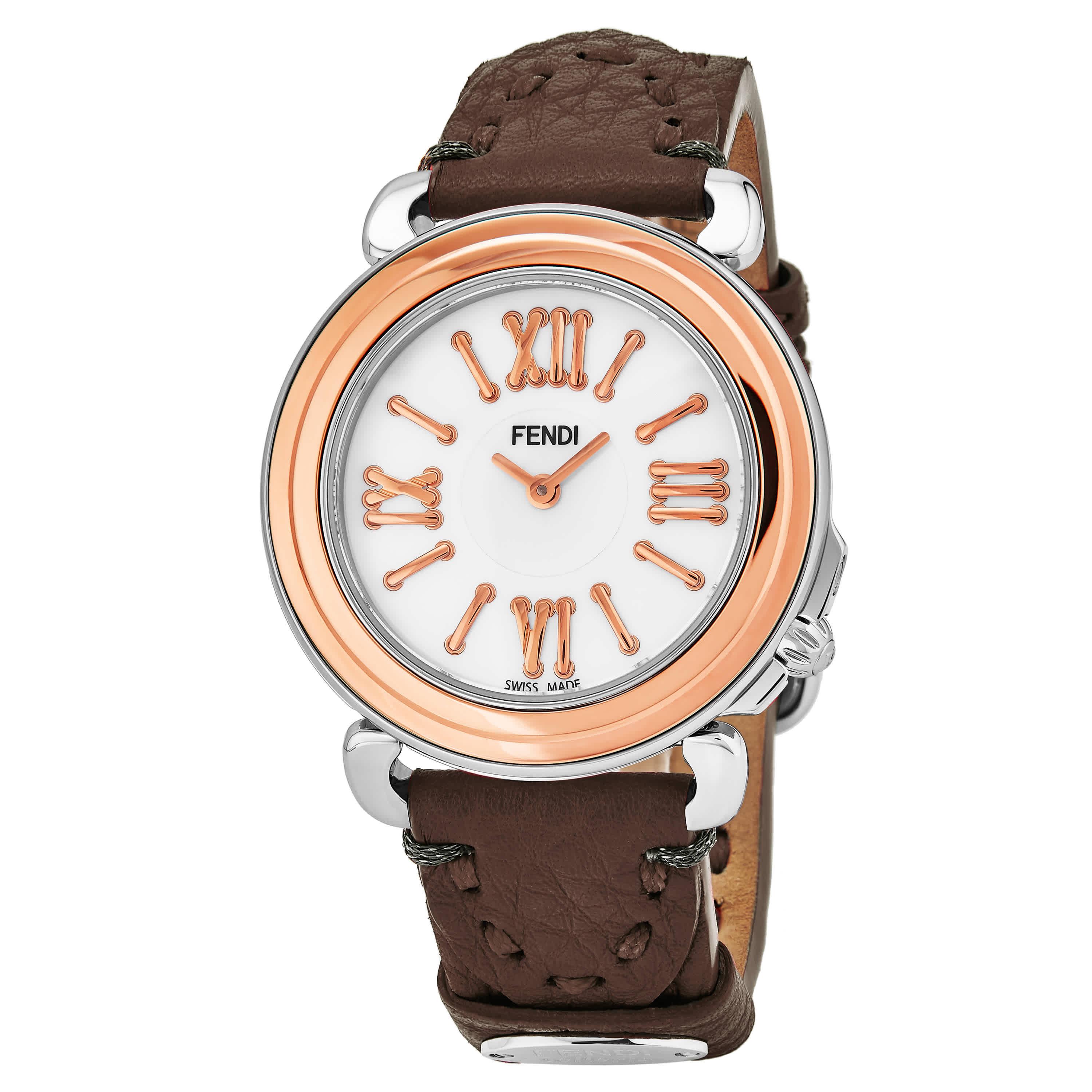 Fendi Leather Selleria Ladies Watch in Brown,Gold Tone,Mother of Pearl ...