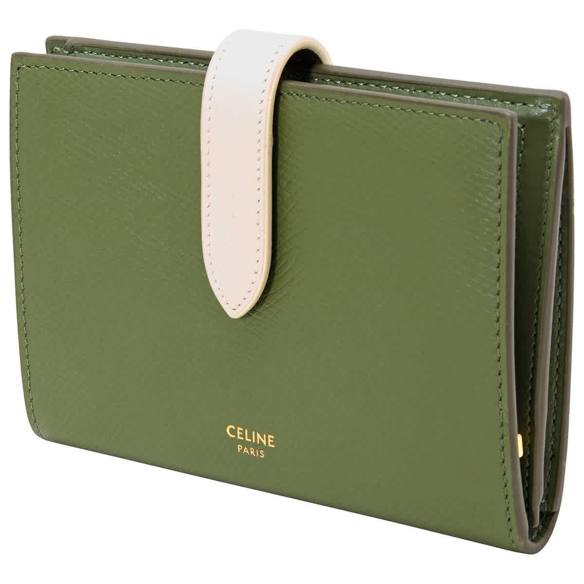Celine Leather Essential Green Strap Wallet In Bicolour Grained 