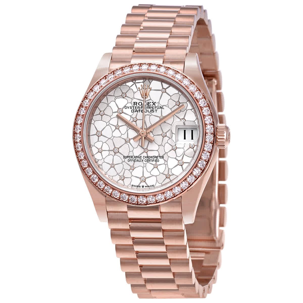 Rolex Datejust 31 Silver Floral Motif Diamond Dial 18kt Everose Gold President Watch in Grey Lyst UK