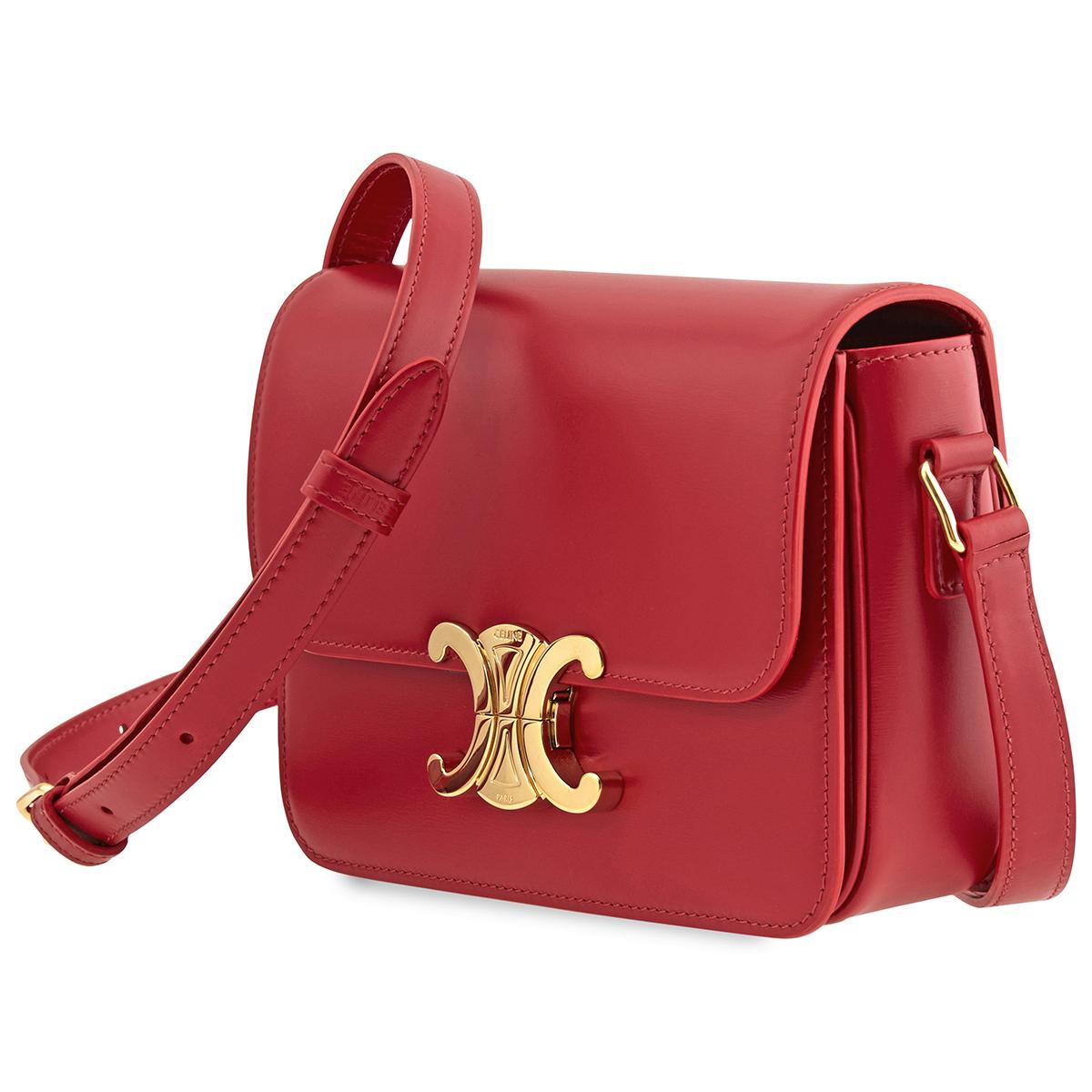 Celine Leather Open Box - Teen Triomphe Bag In Shiny Calfskin- Red 