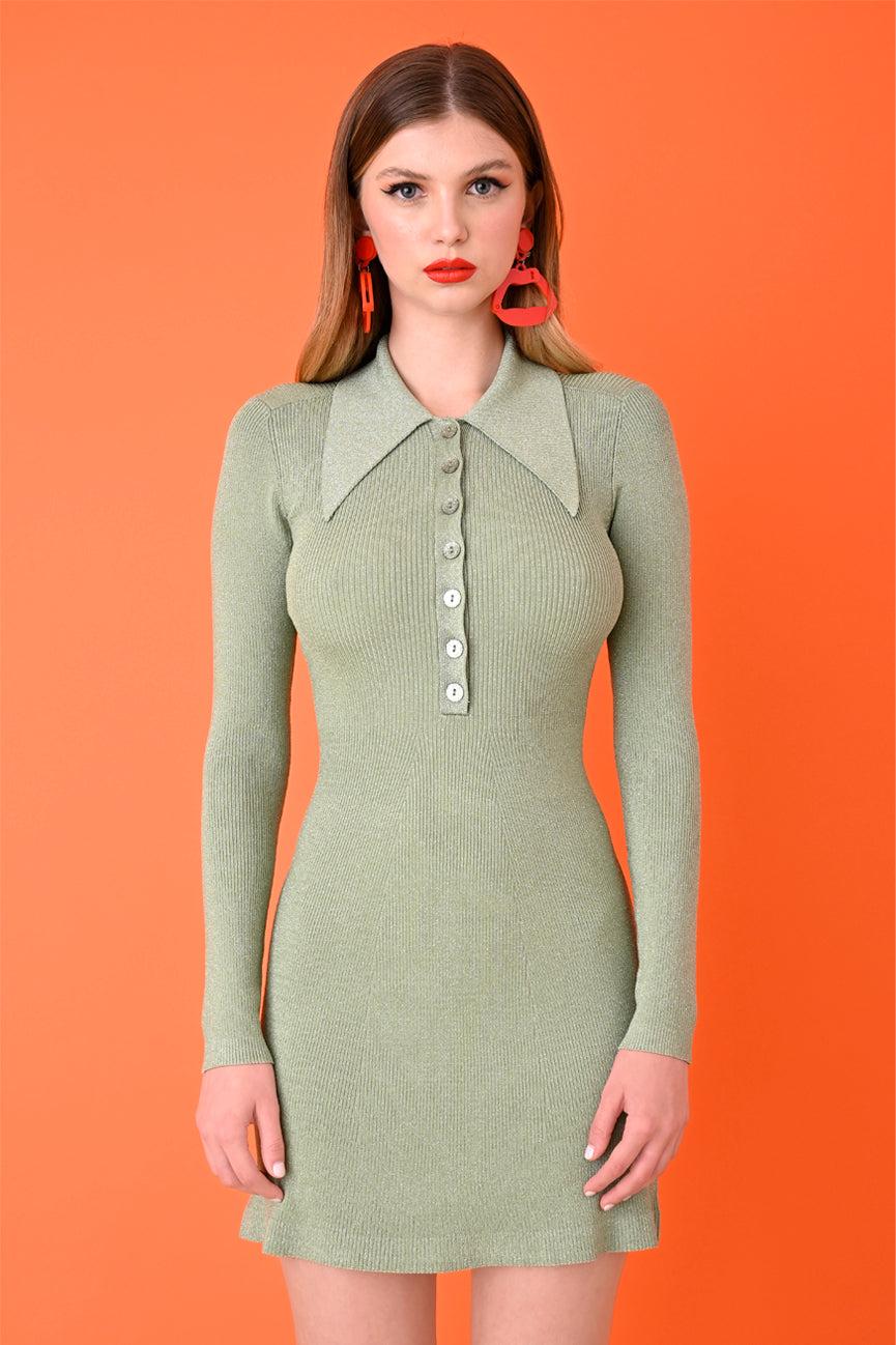 JoosTricot Honeydew Lurex Long Sleeve Mini Flared Polo Dress in Green ...