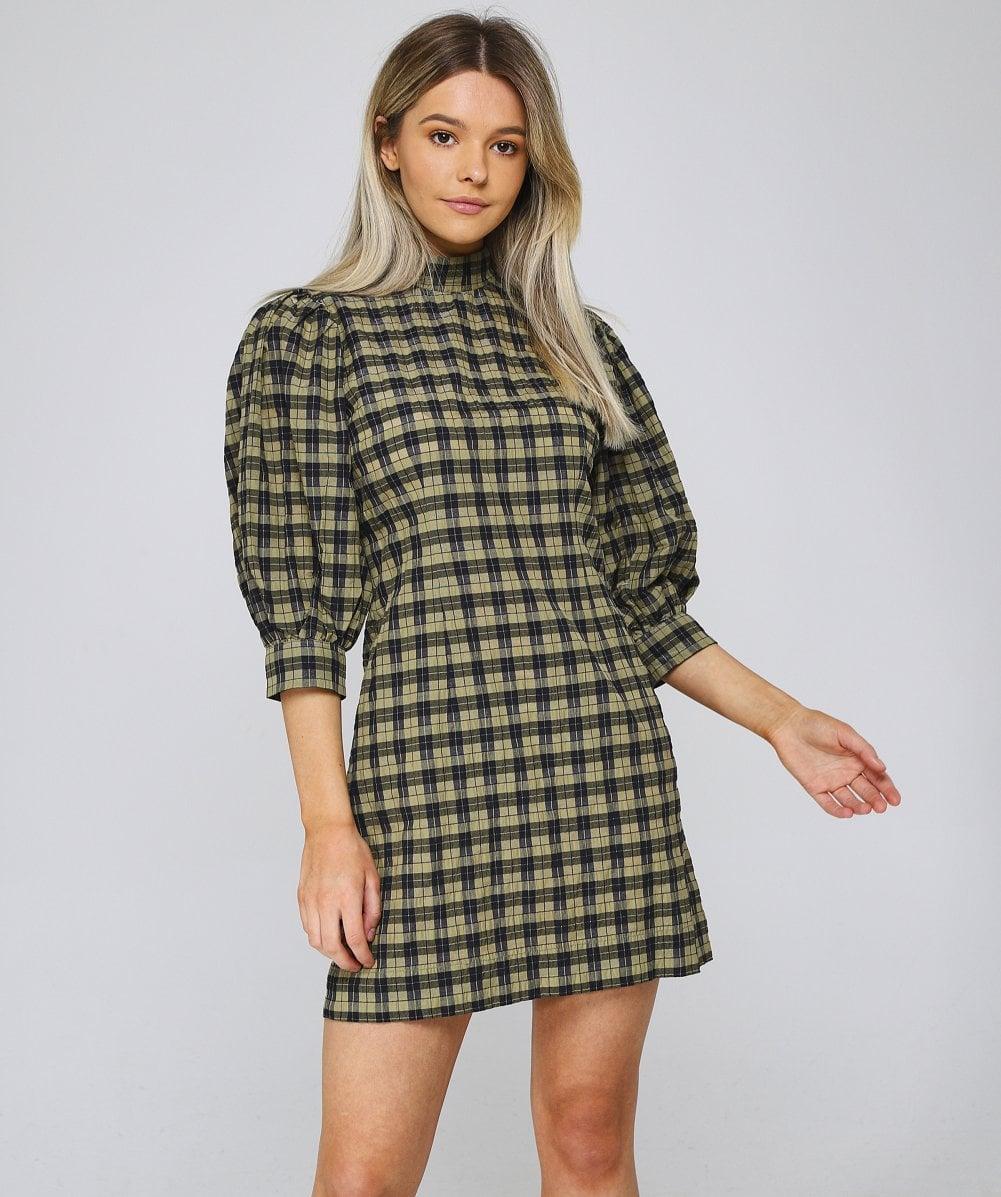 ganni seersucker dress green
